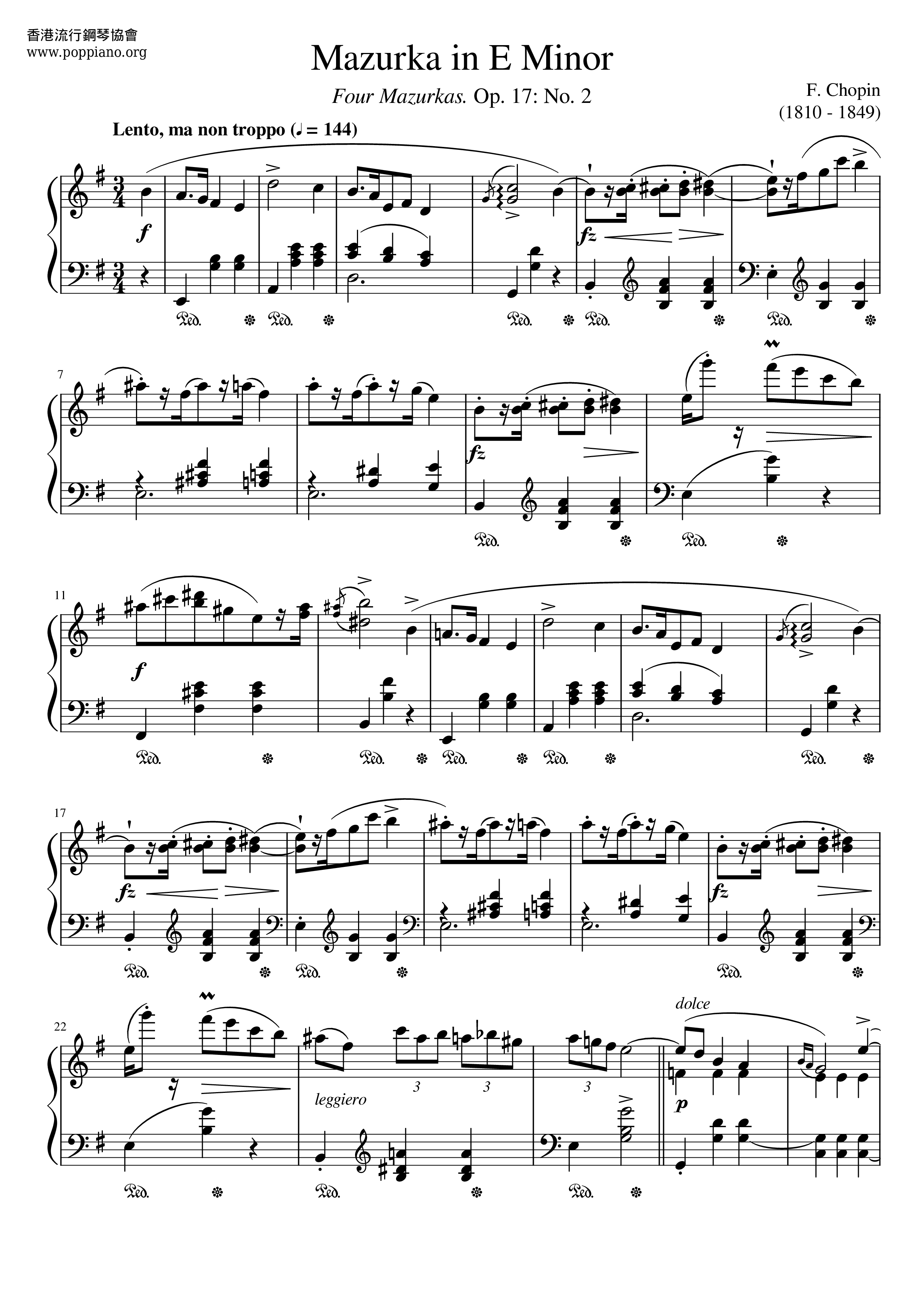 Mazurka In E Minor, Op. 17 No. 2琴谱