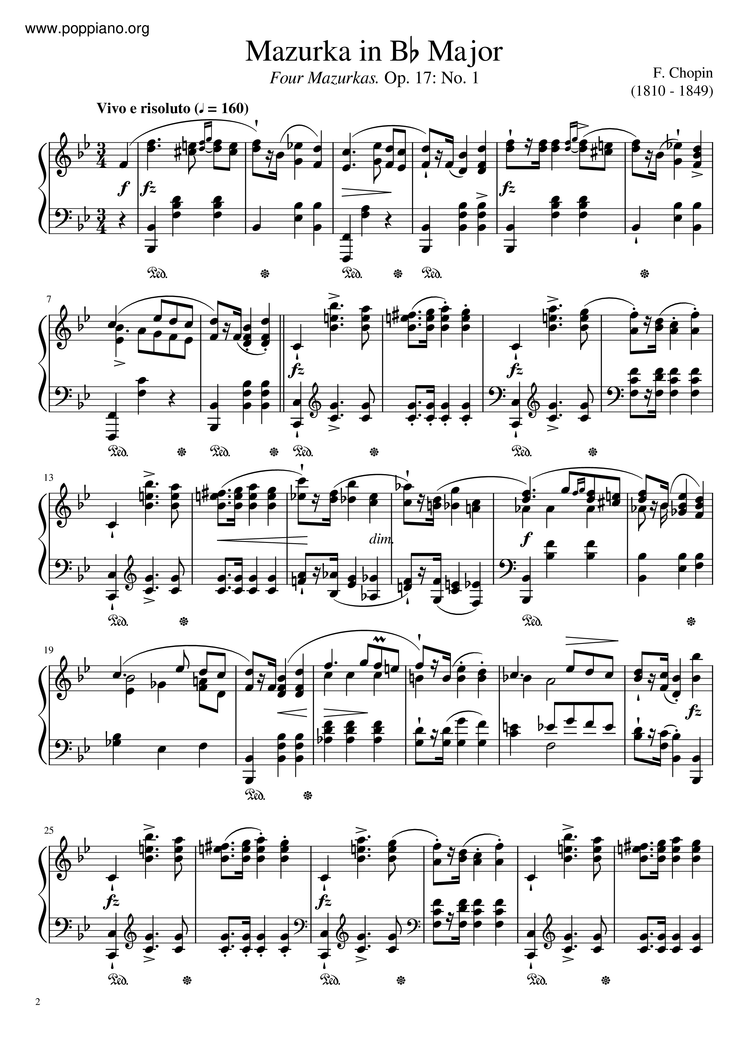 Mazurka In B-Flat Major, Op. 17 No. 1ピアノ譜