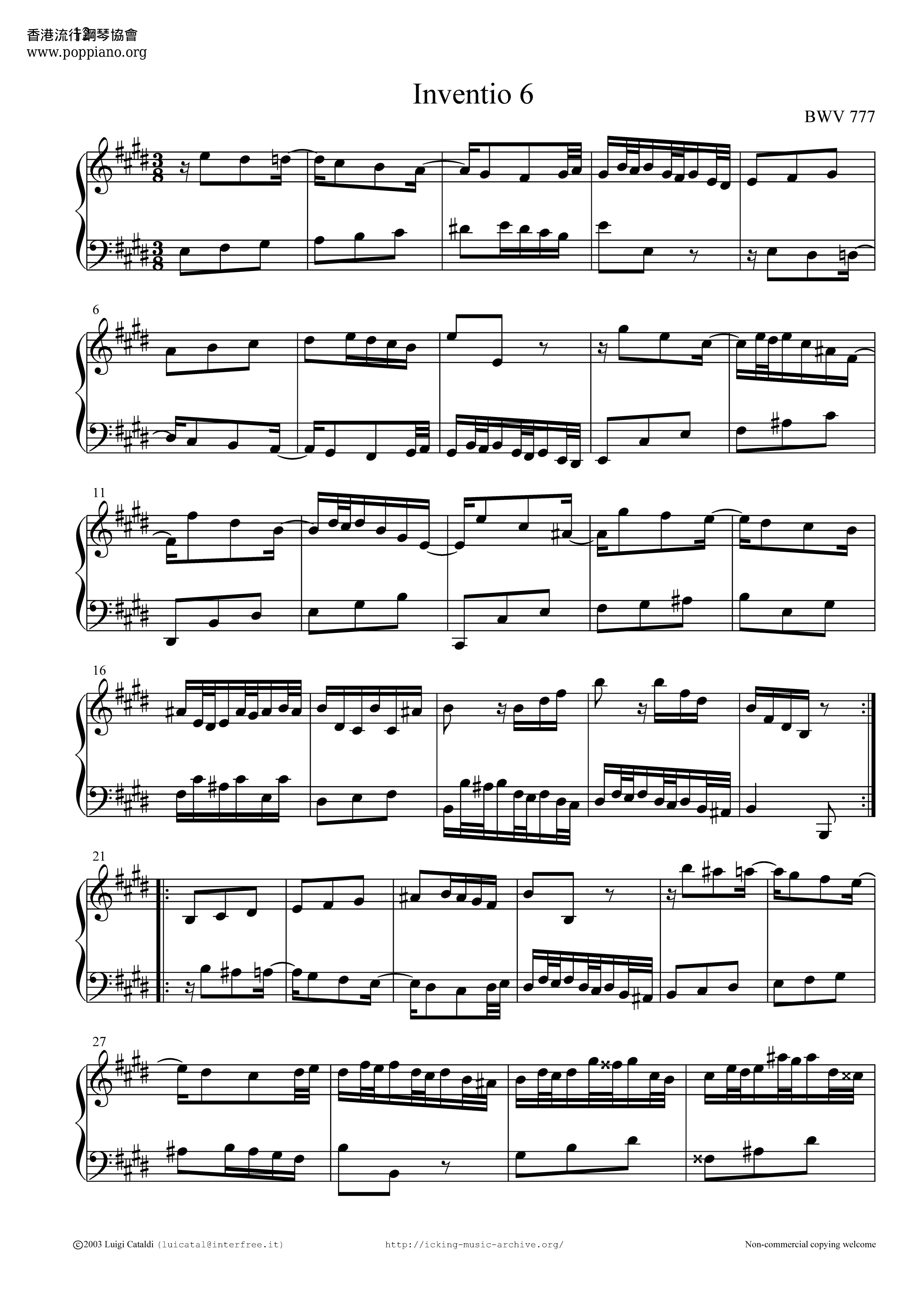 Invention No. 6 in E major BWV 777 Score