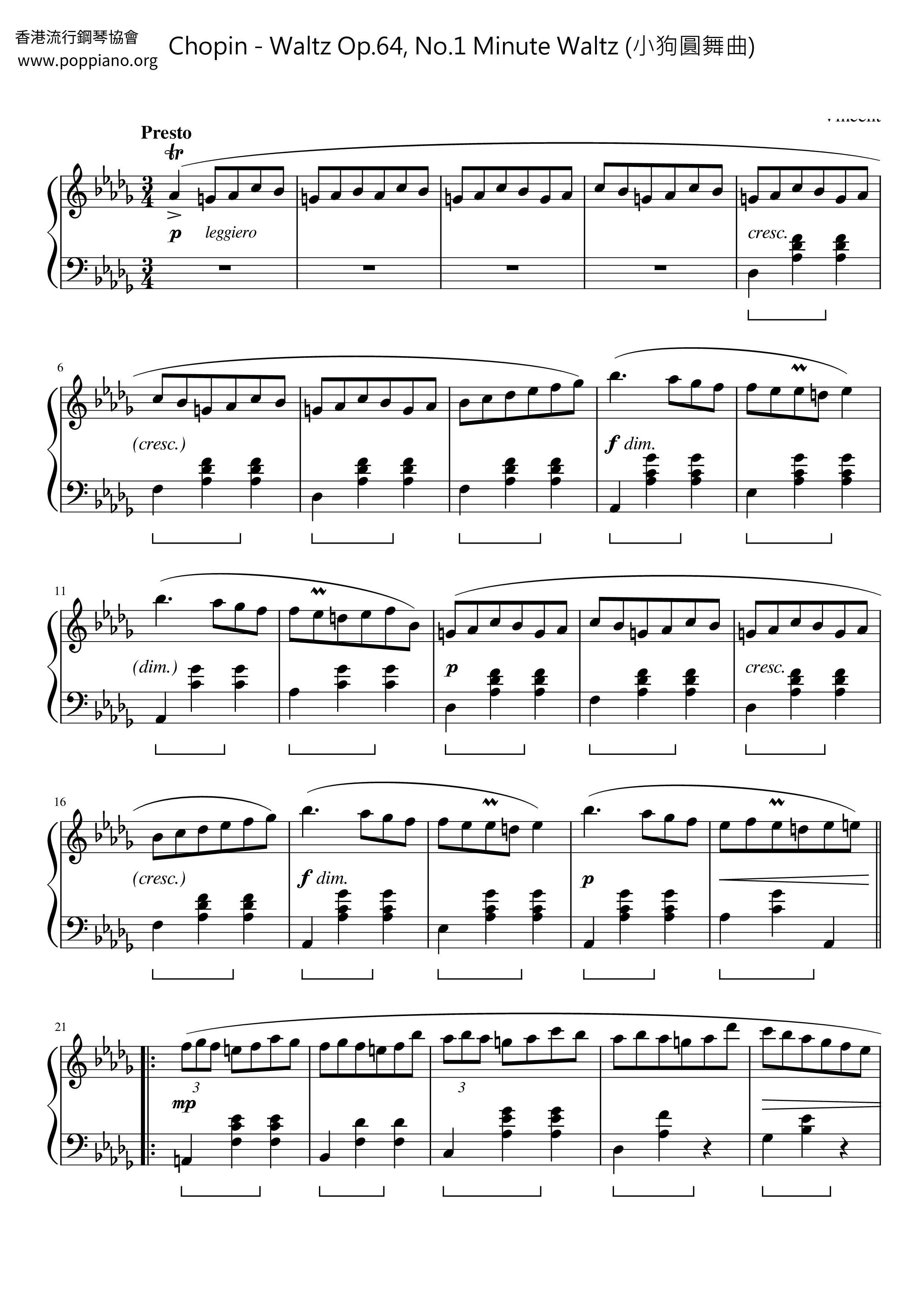 Waltz Op. 64, No. 1 Minute Waltz (小狗圓舞曲)ピアノ譜