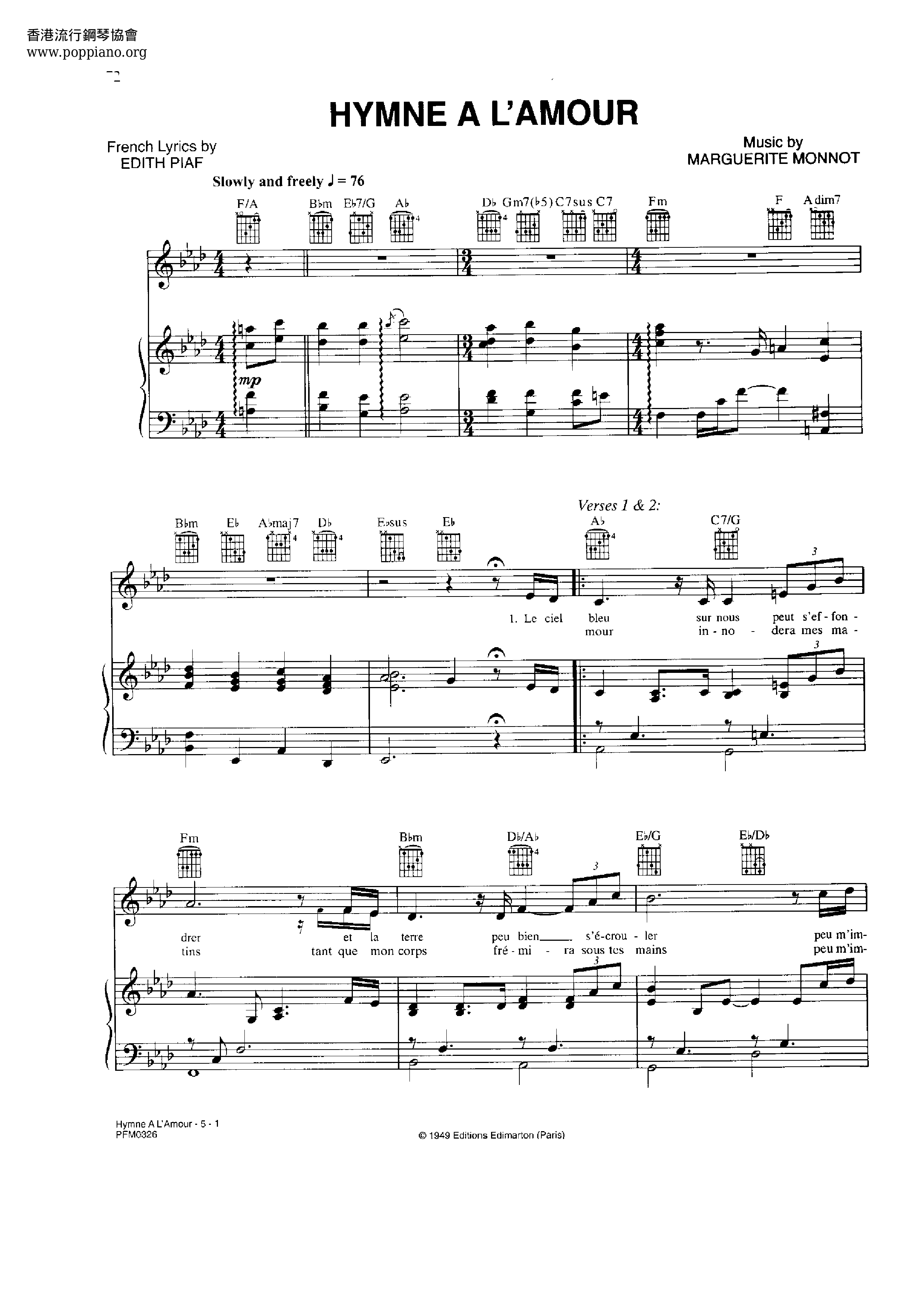 Hymne A L'Amour Score