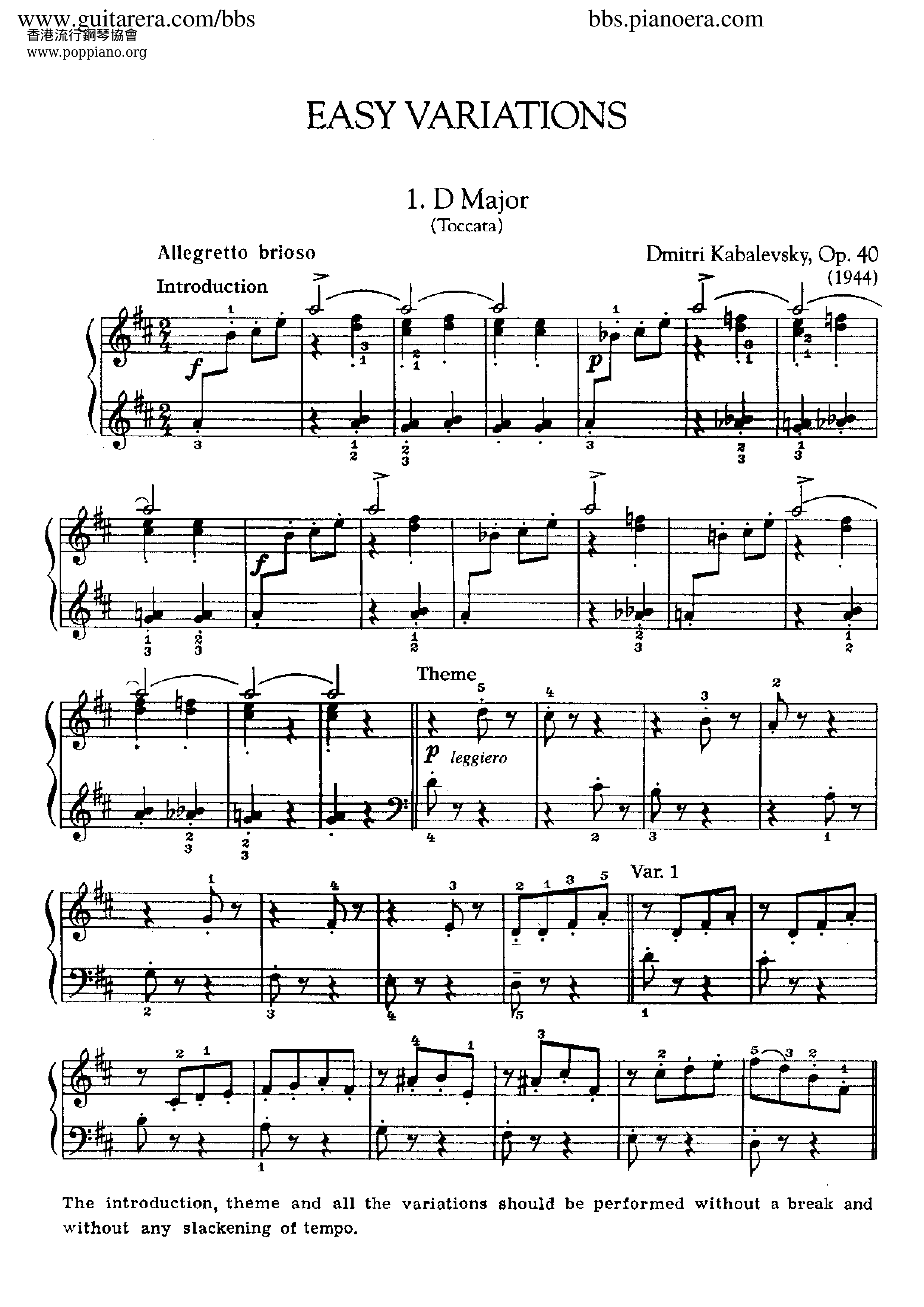 Easy Variations op. 40 in D Major琴谱