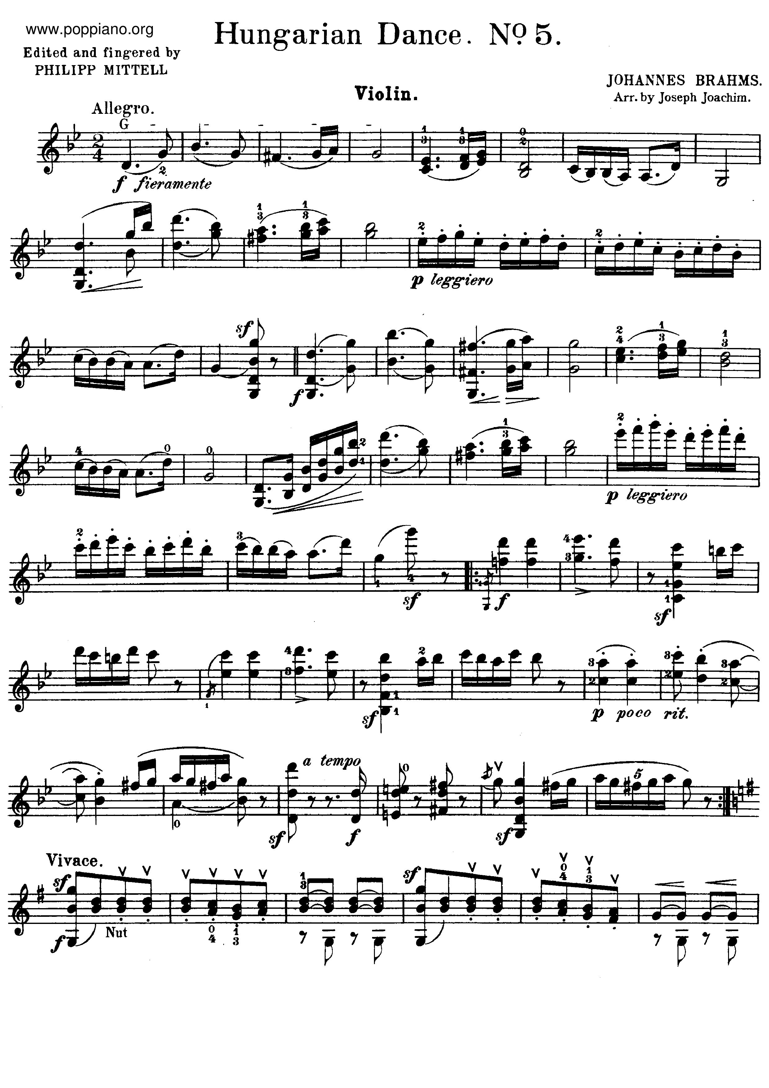 Hungarian Dance No. 5 in G Minor Score