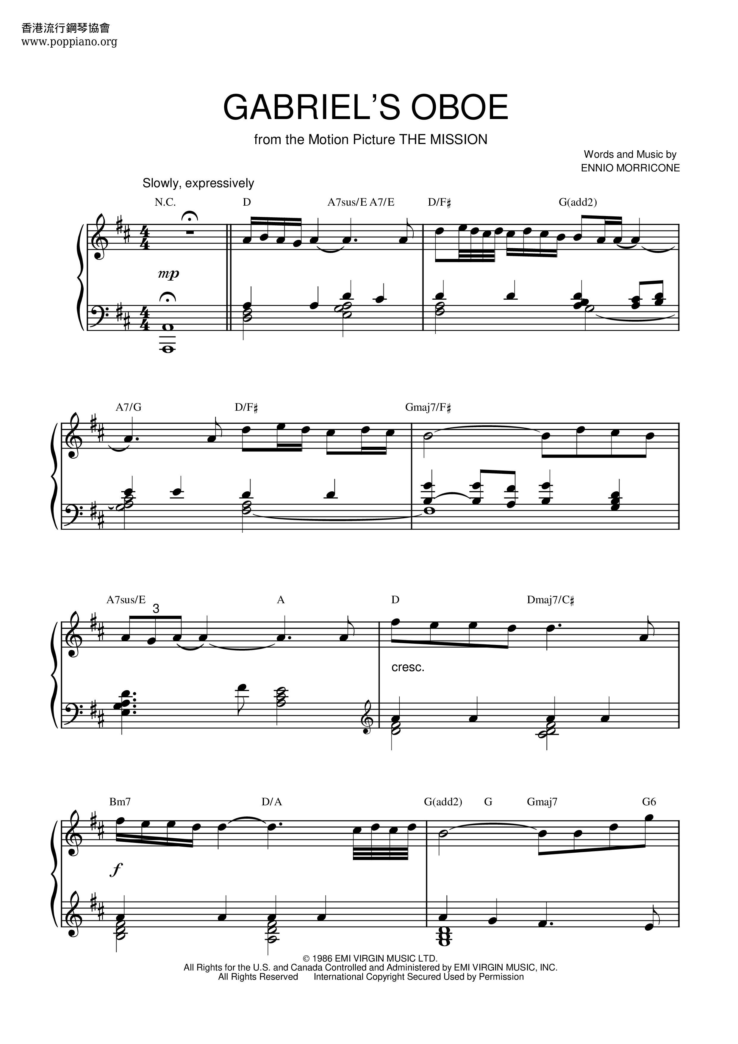 The Mission - Gabriel's Oboeピアノ譜
