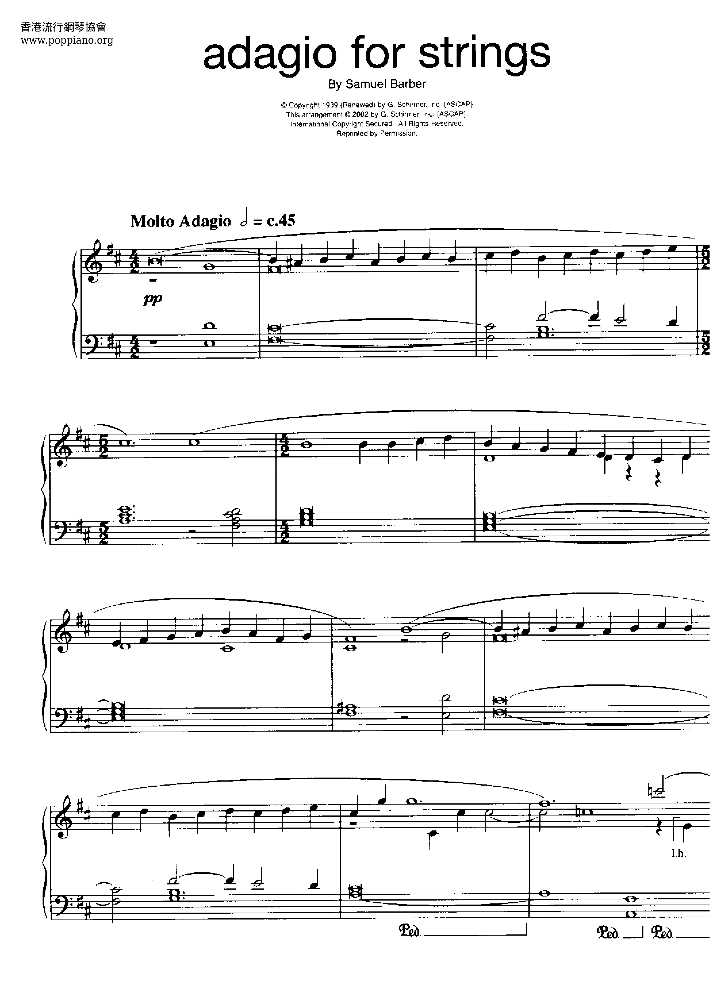 Adagio For Strings, Op.11ピアノ譜