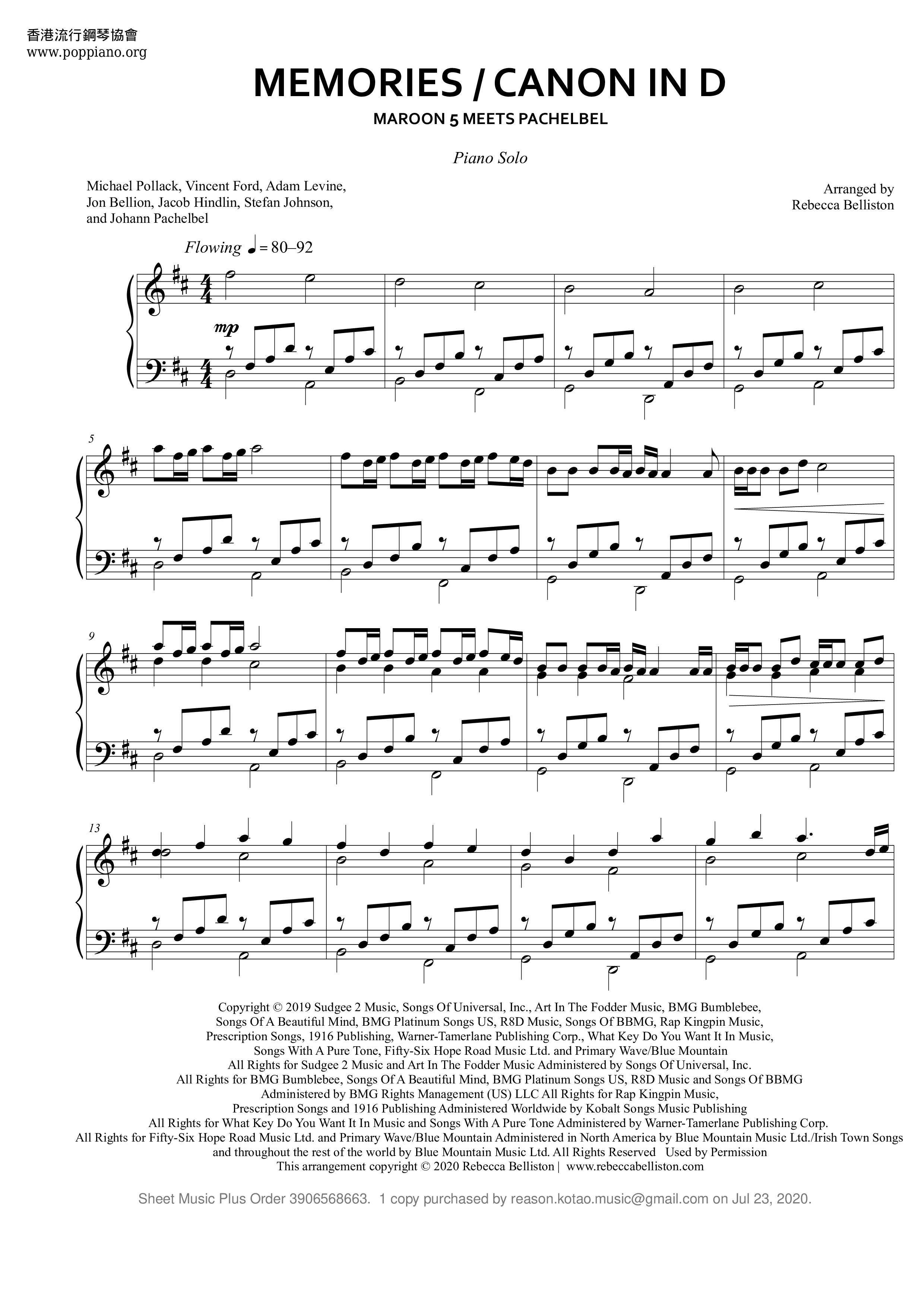 Memories / Canon In D Score