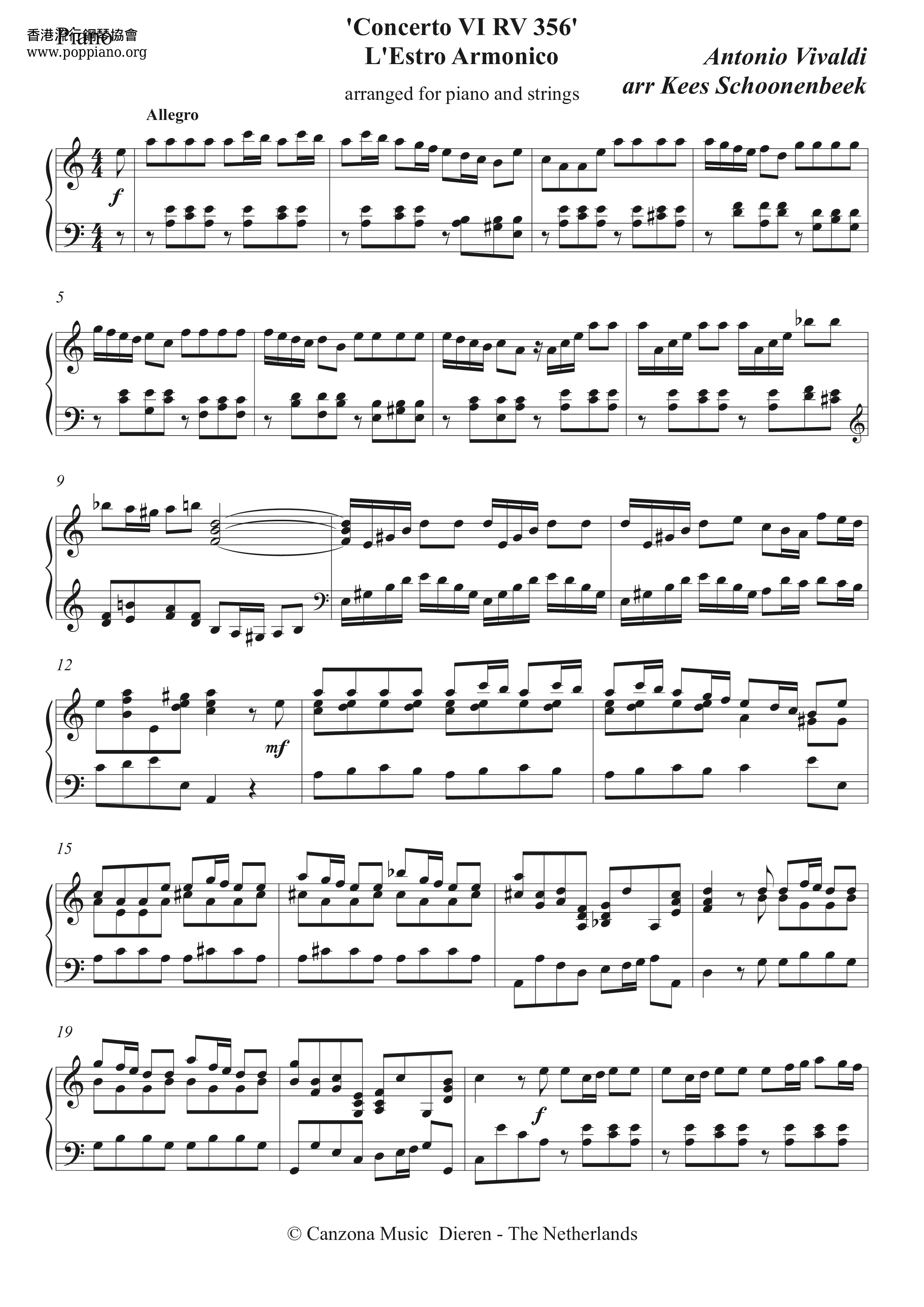 Concerto In A Minor, RV 356, Op.3, No.6琴谱