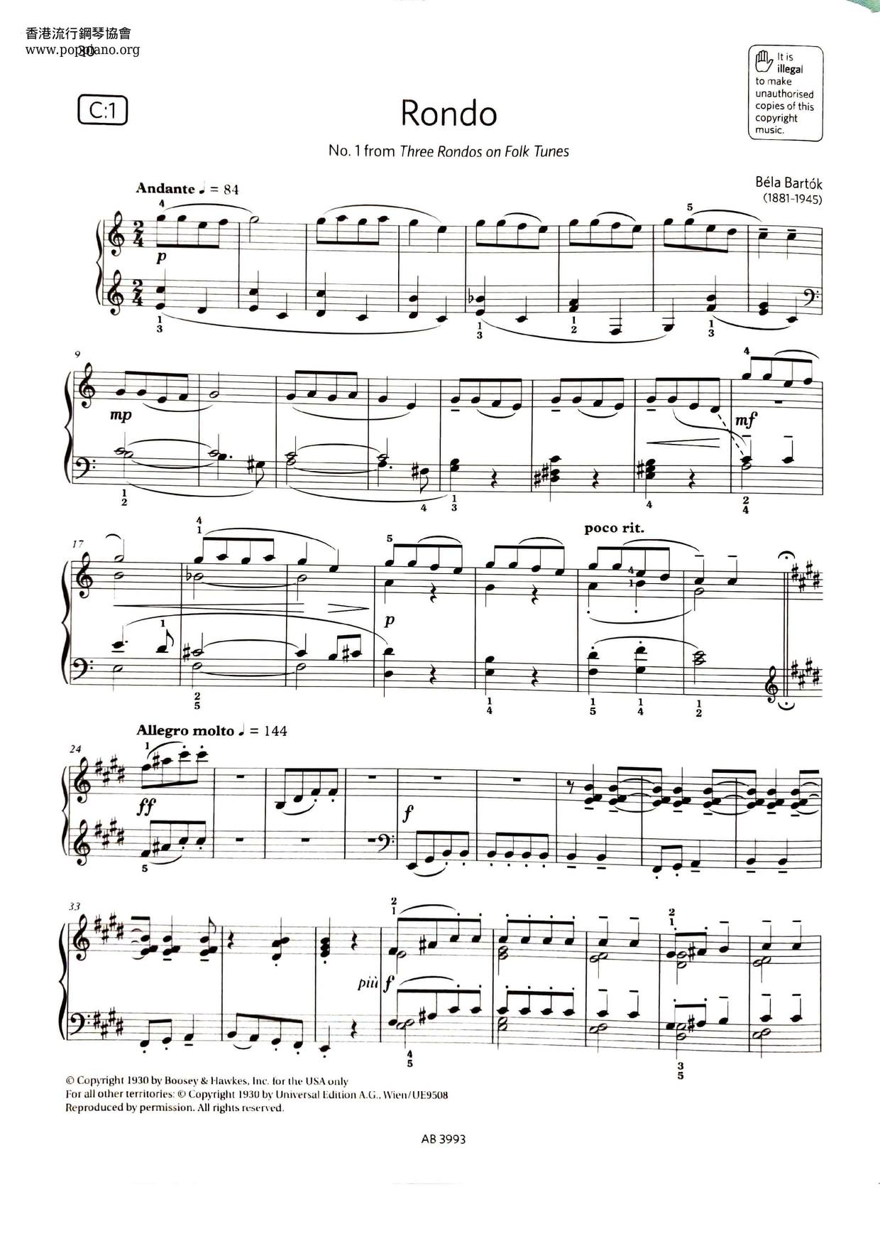 Rondo, No.1 From Three Rondos On Folk Tunesピアノ譜