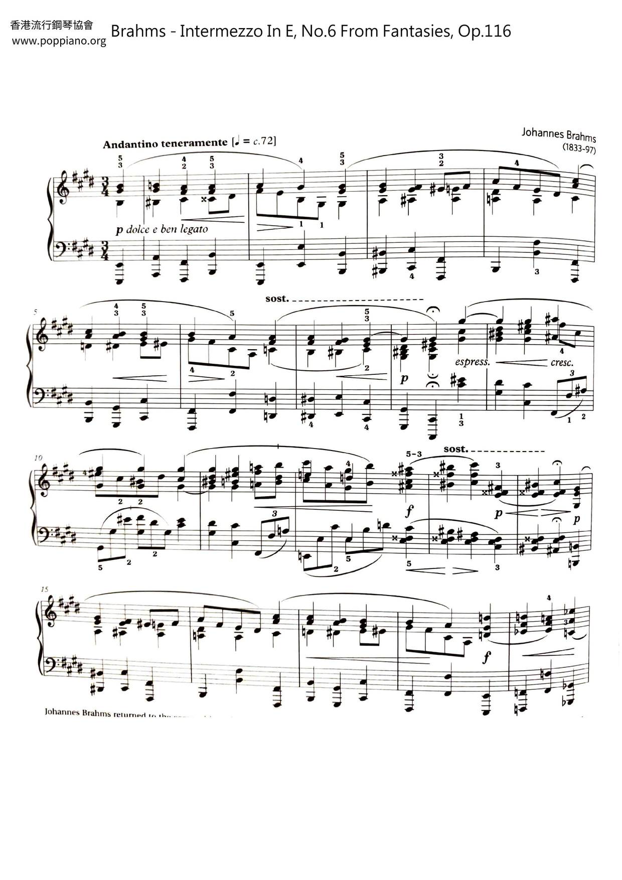 Intermezzo In E, No.6 From Fantasies, Op.116 Score