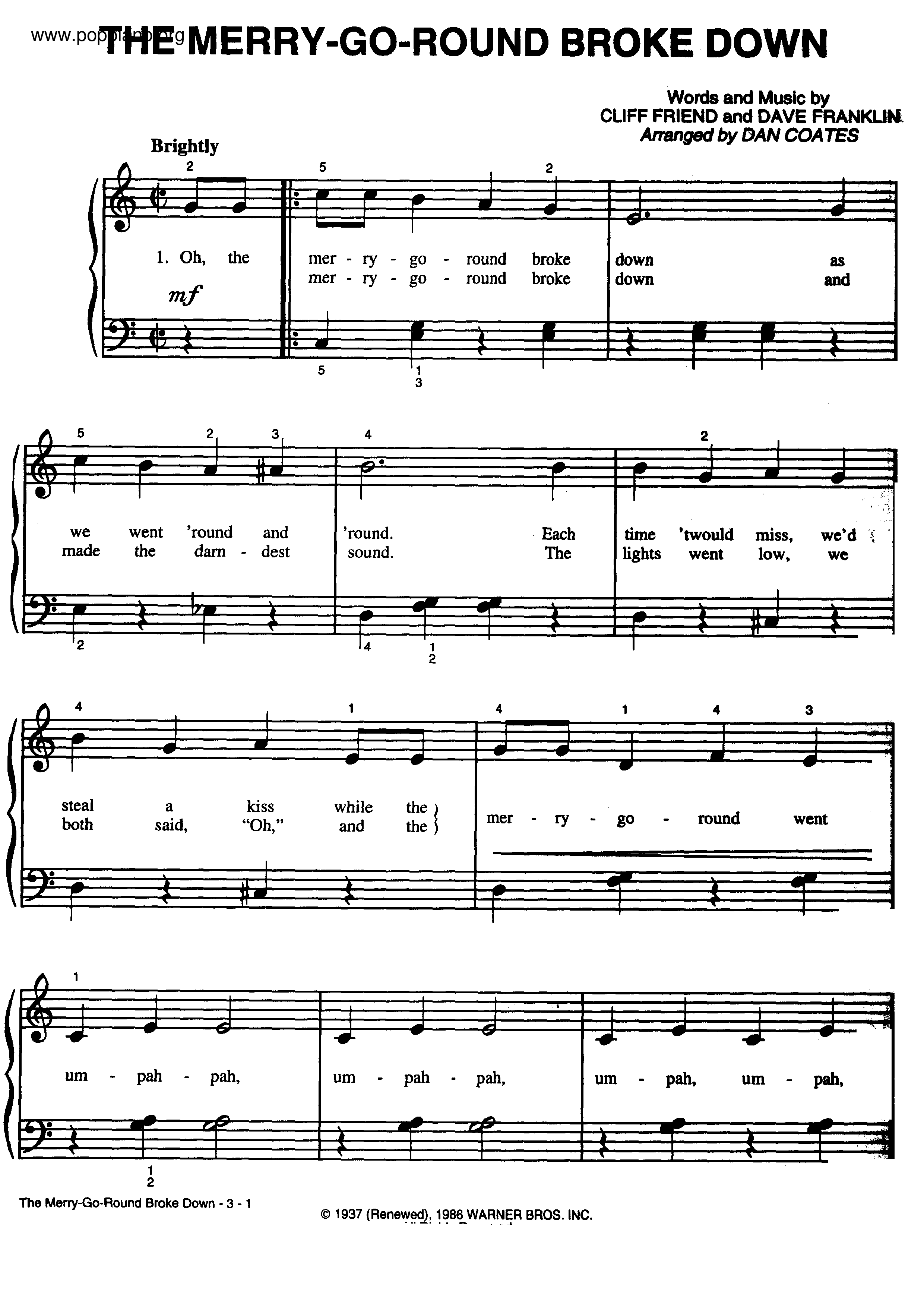 The Merry Go Round Broke Down Score