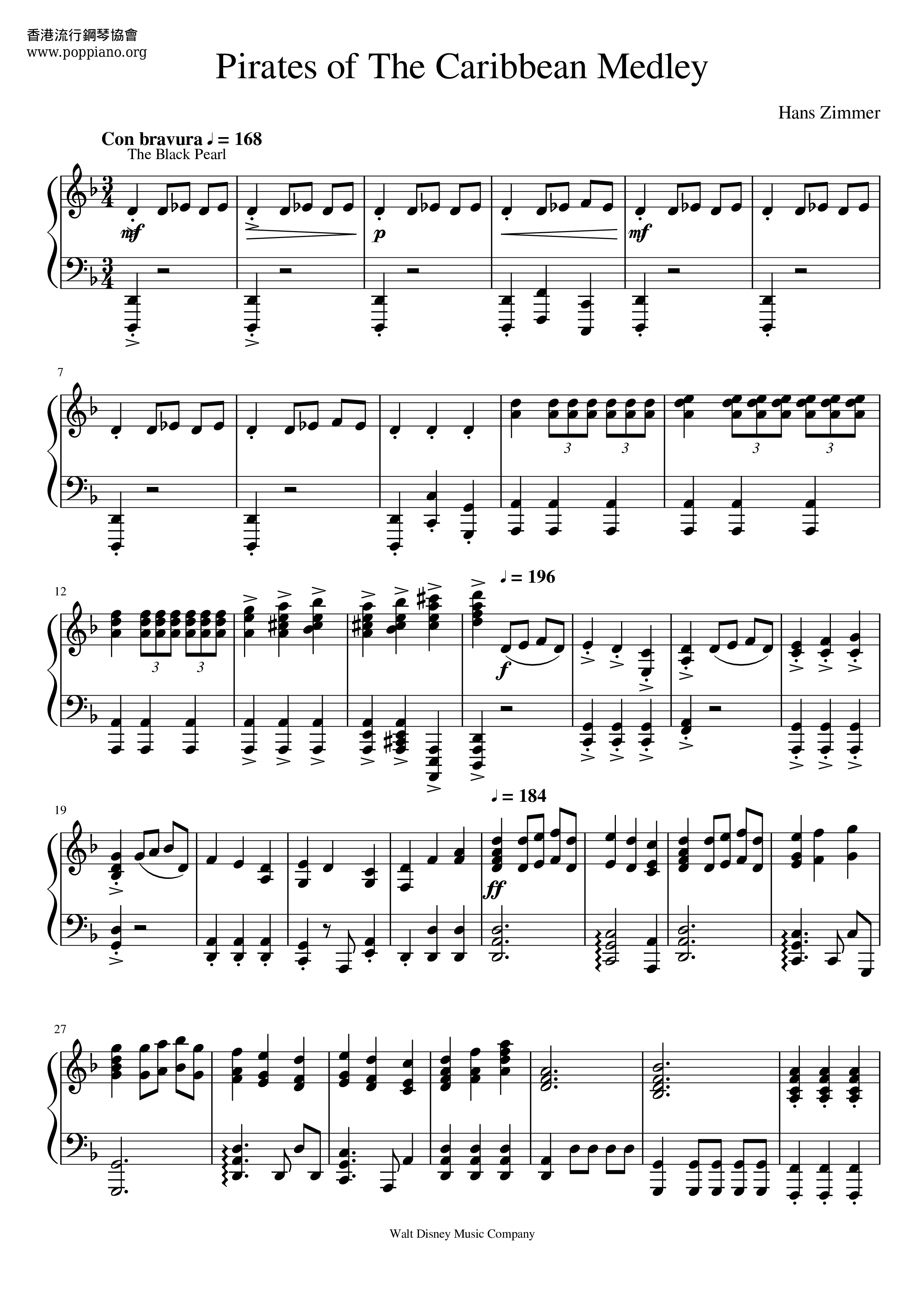 Pirates Of The Caribbean Medley Score