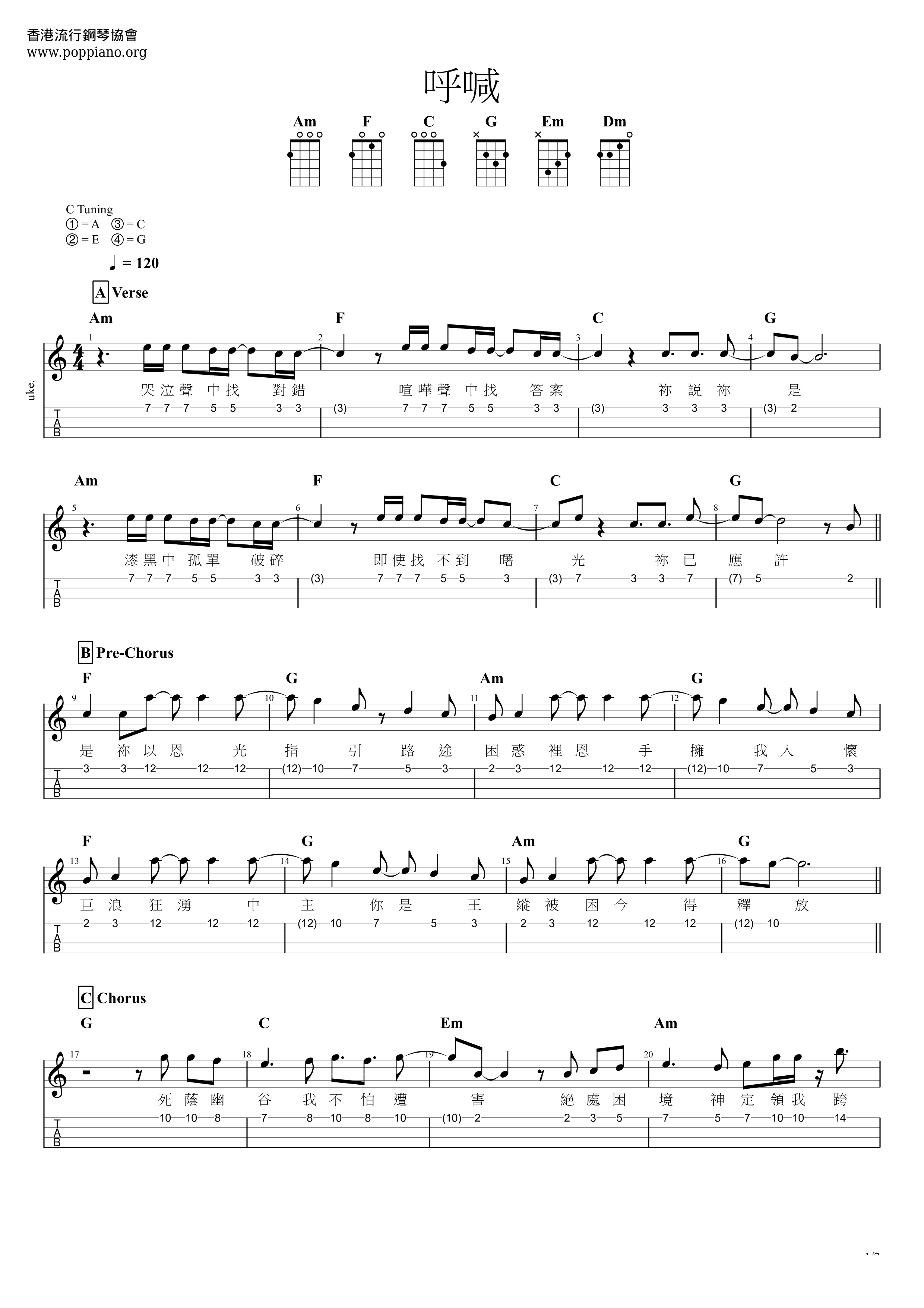 呼喊 Ukulele琴譜