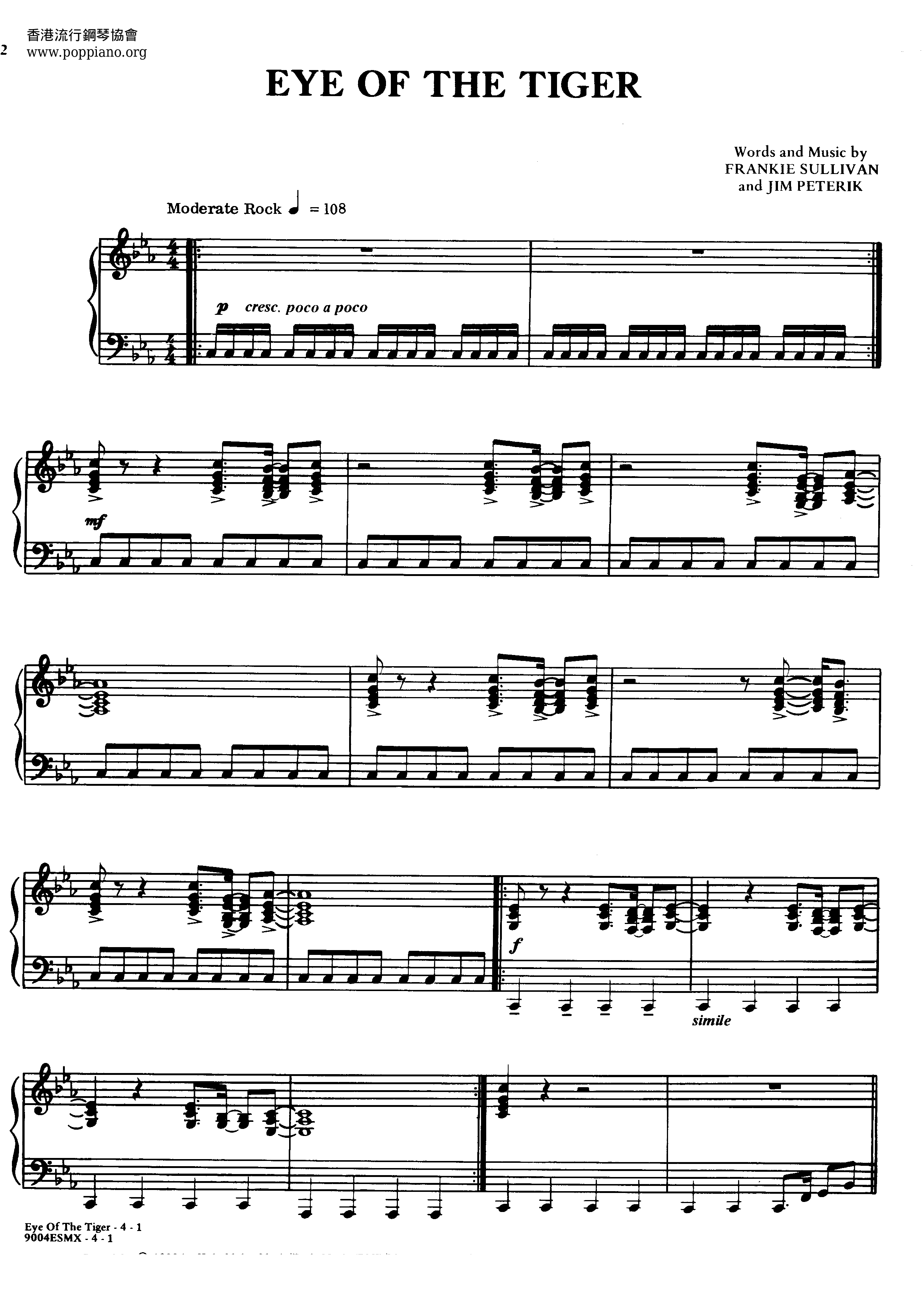 Eye Of The Tiger Sheet Music, Survivor