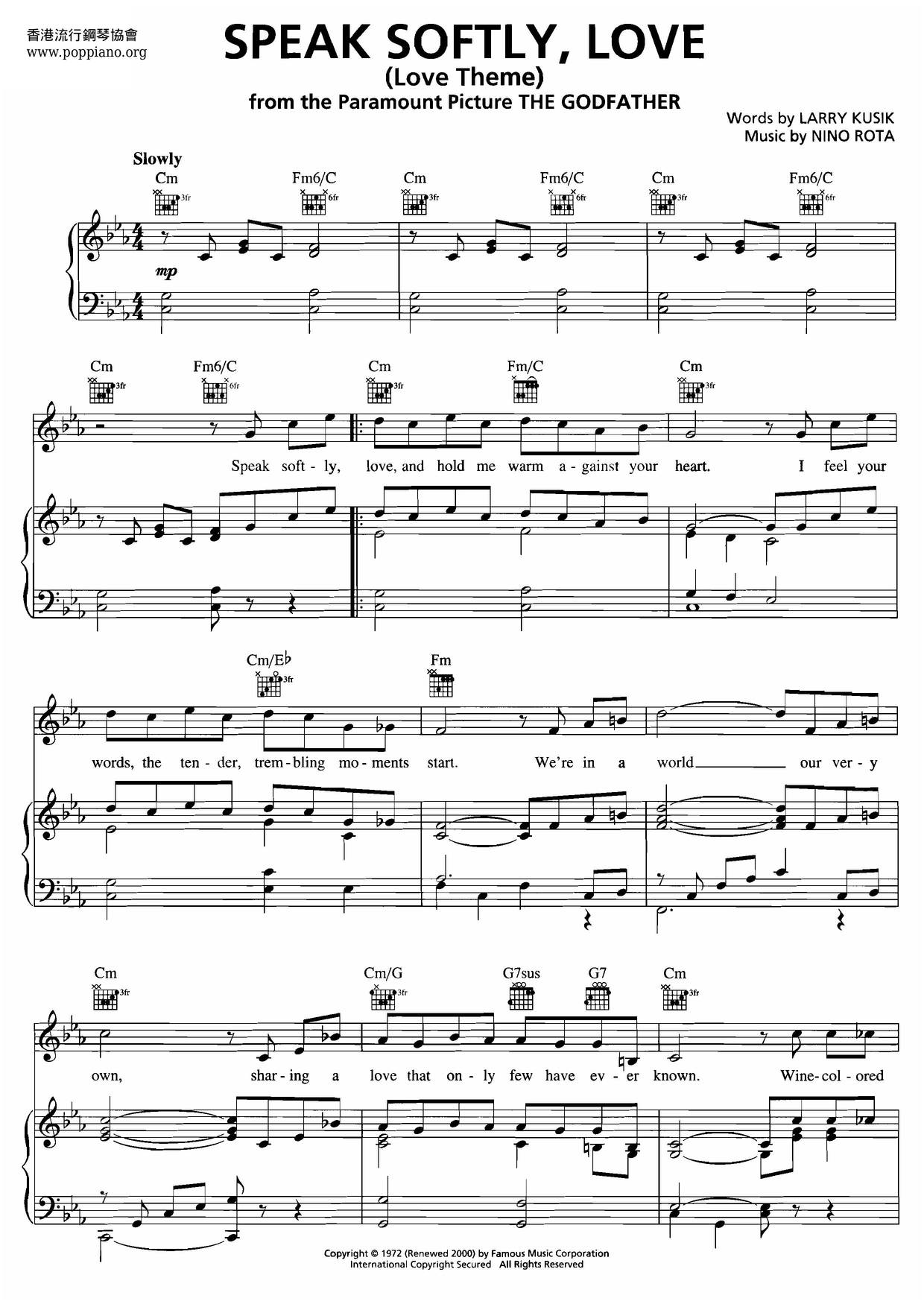 Love Theme From The Godfather (Speak Softly Love) Score