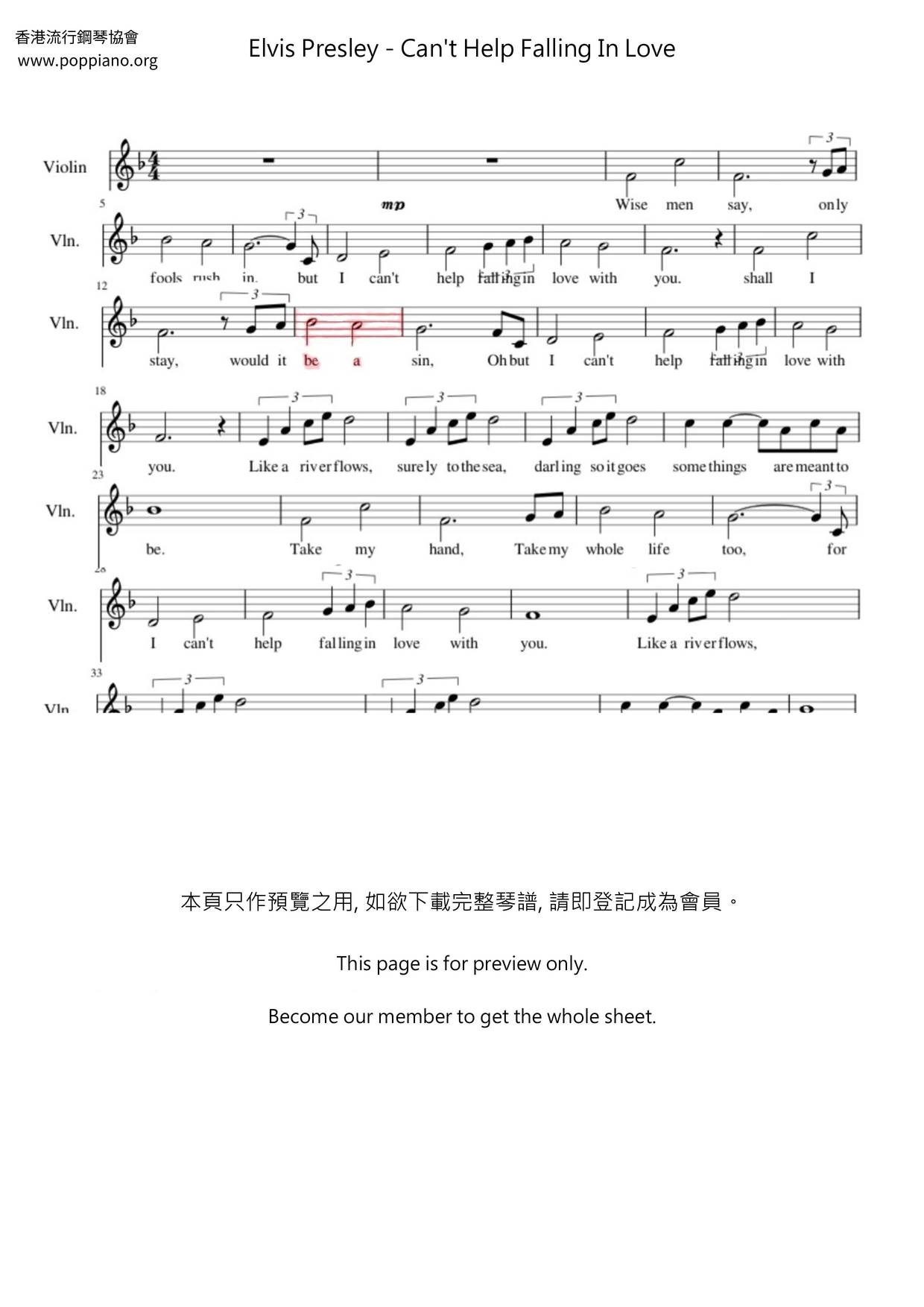 Can't Help Falling In Love Score