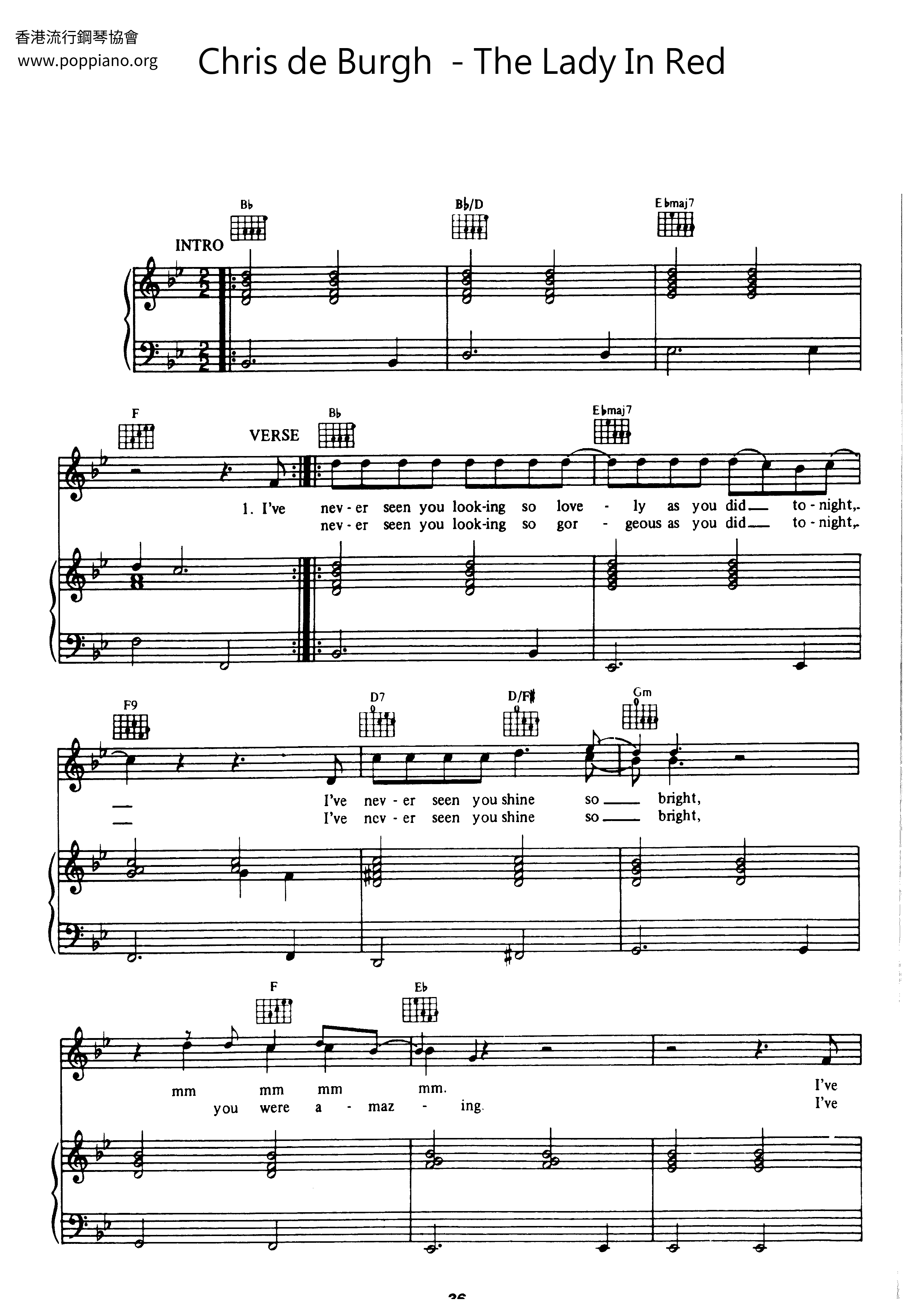 VariousThe Lady In Red 琴譜pdf香港流行鋼琴協會琴譜下載 ★