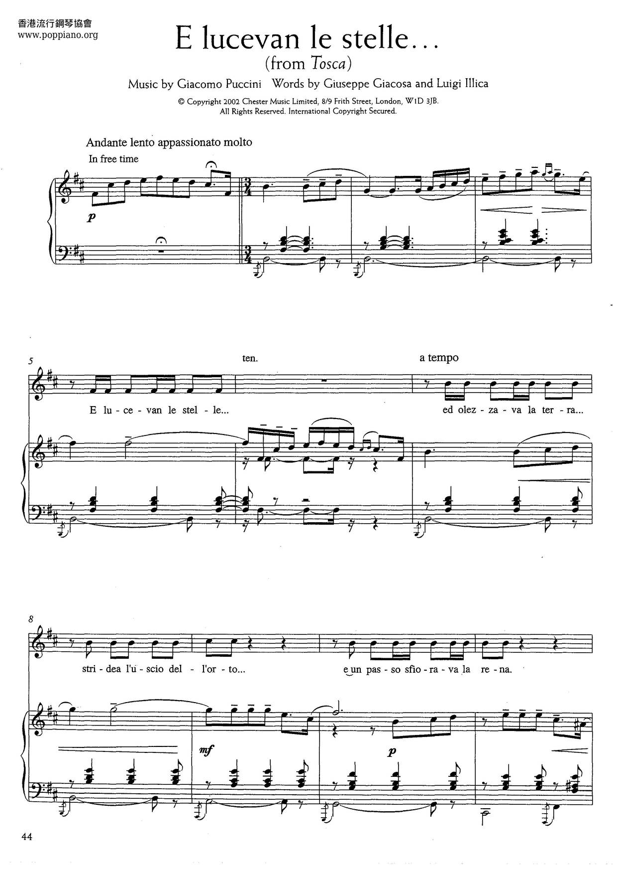 E Lucevan Le Stelle... From Tosca (Puccini) Score