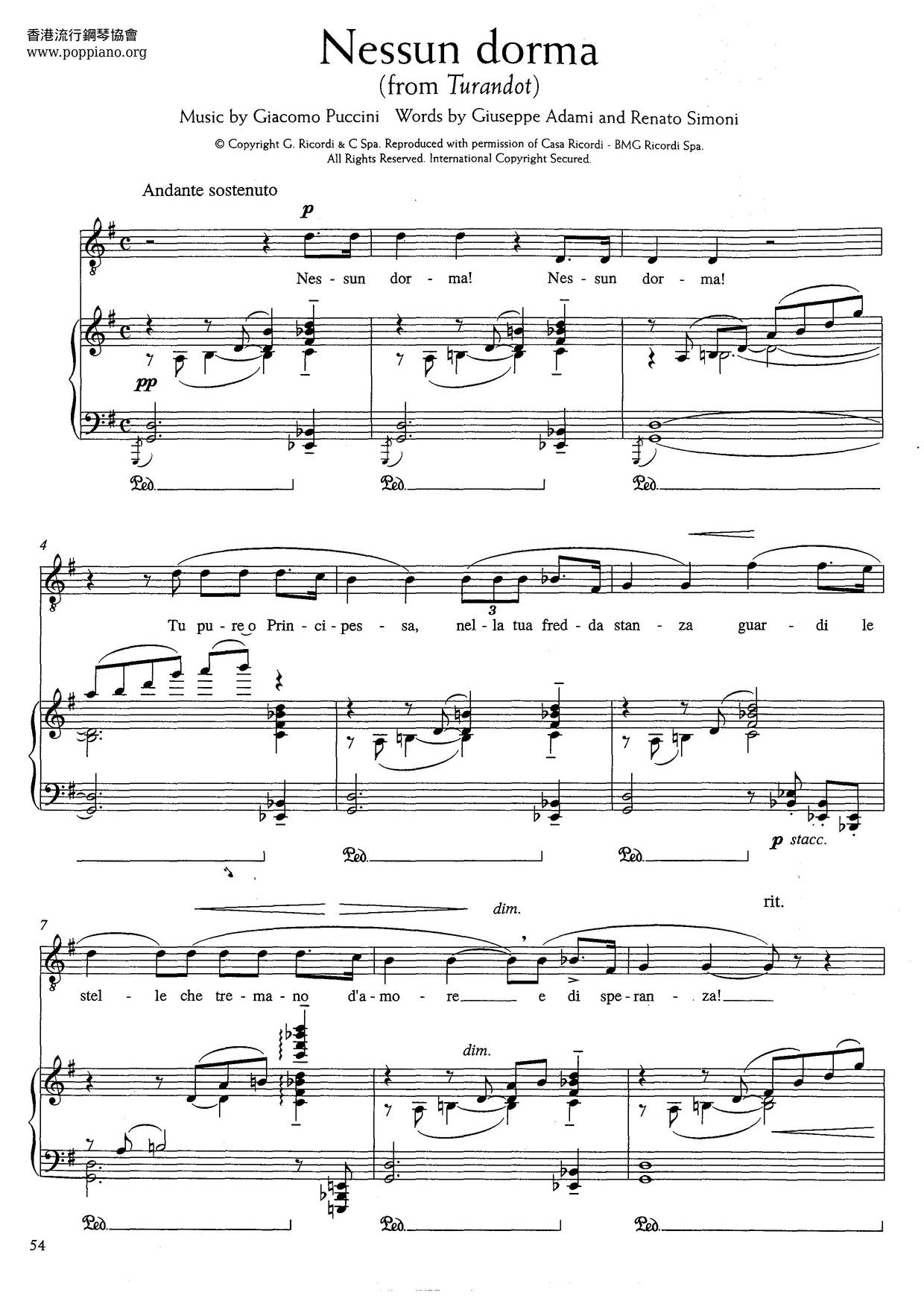 Nessun Dorma From Turandot (Puccini)琴譜
