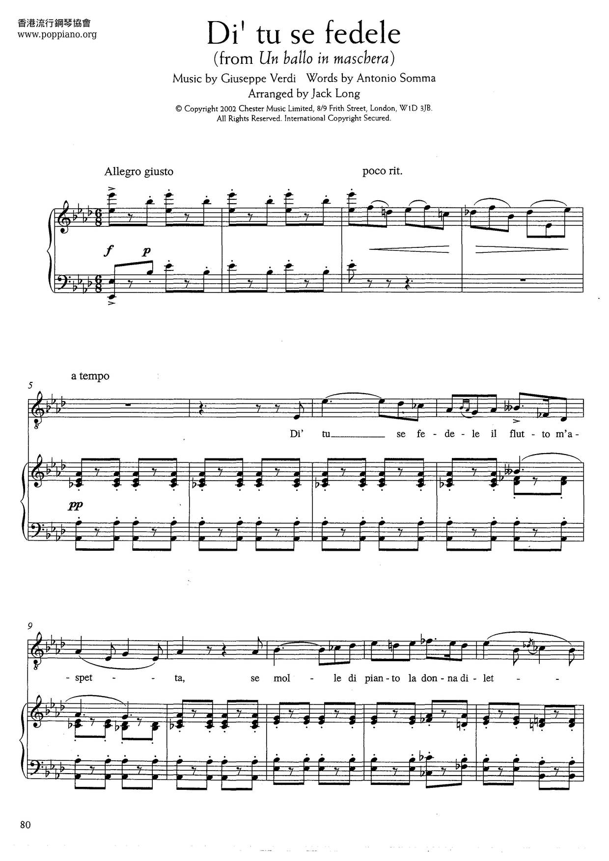 Di' Tu Se Fedele From Un Hallo In Maschera (Verdi) Score