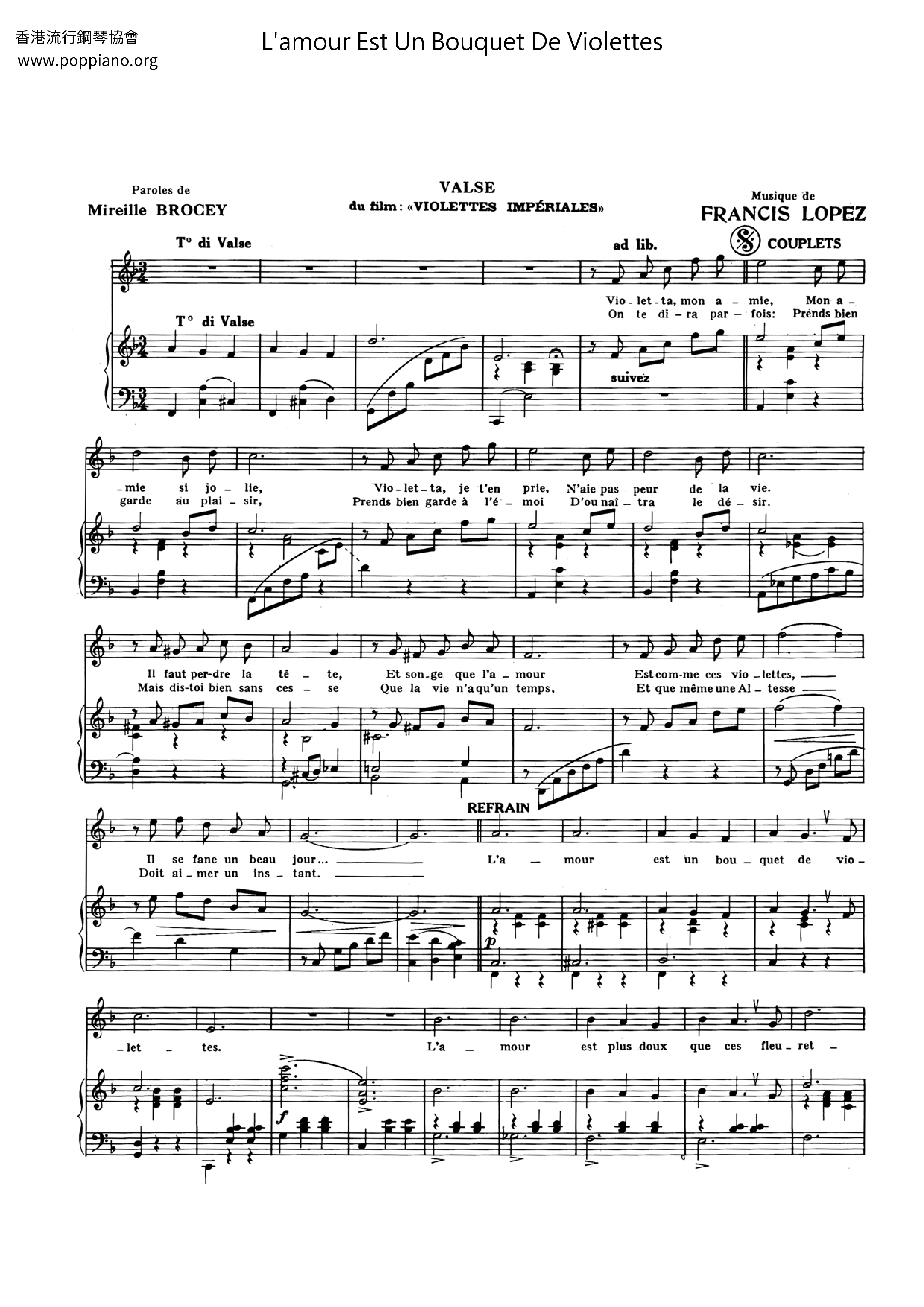 L'amour Est Un Bouquet De Violettes Score