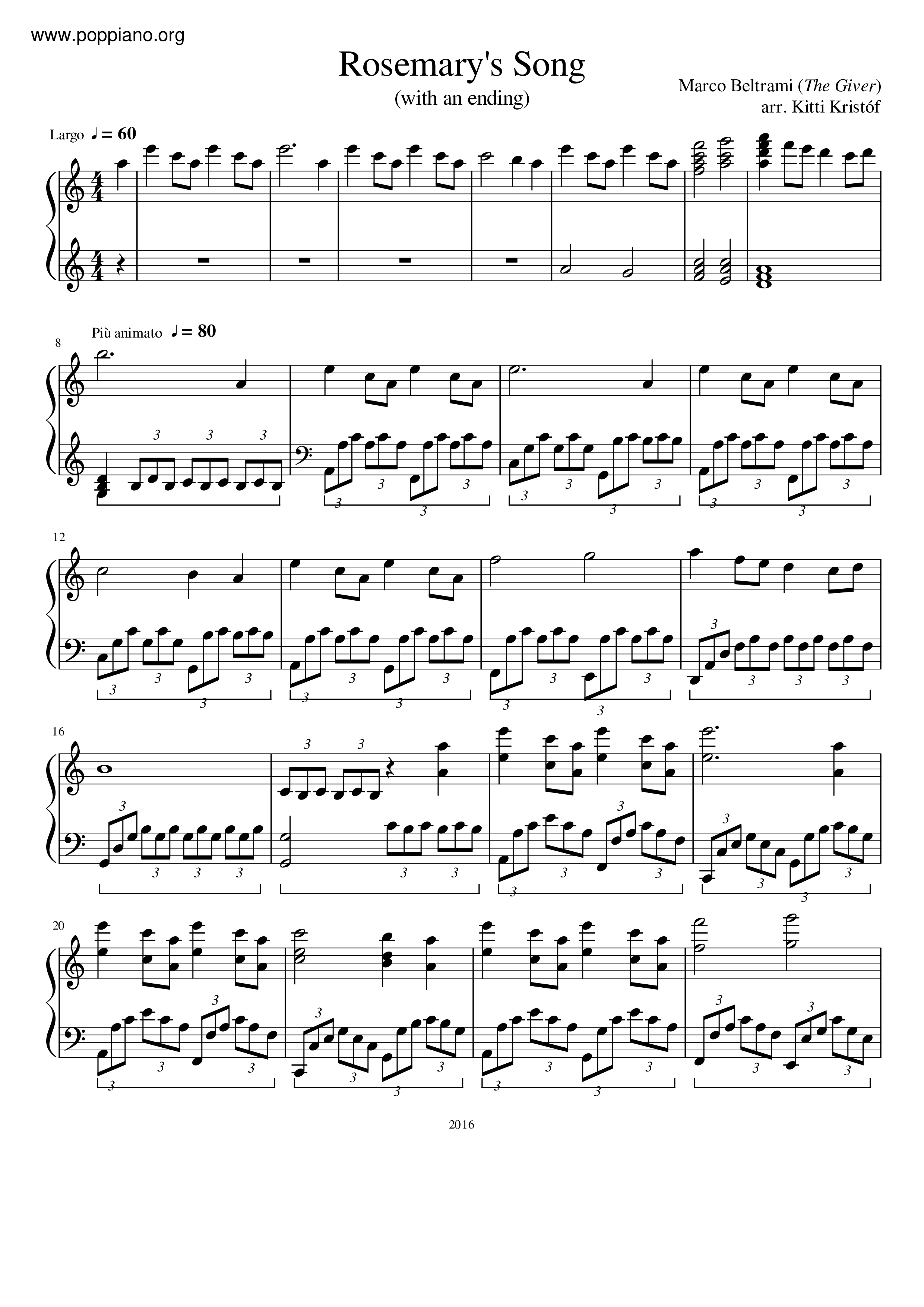 The Giver - Rosemary's Piano Theme琴谱