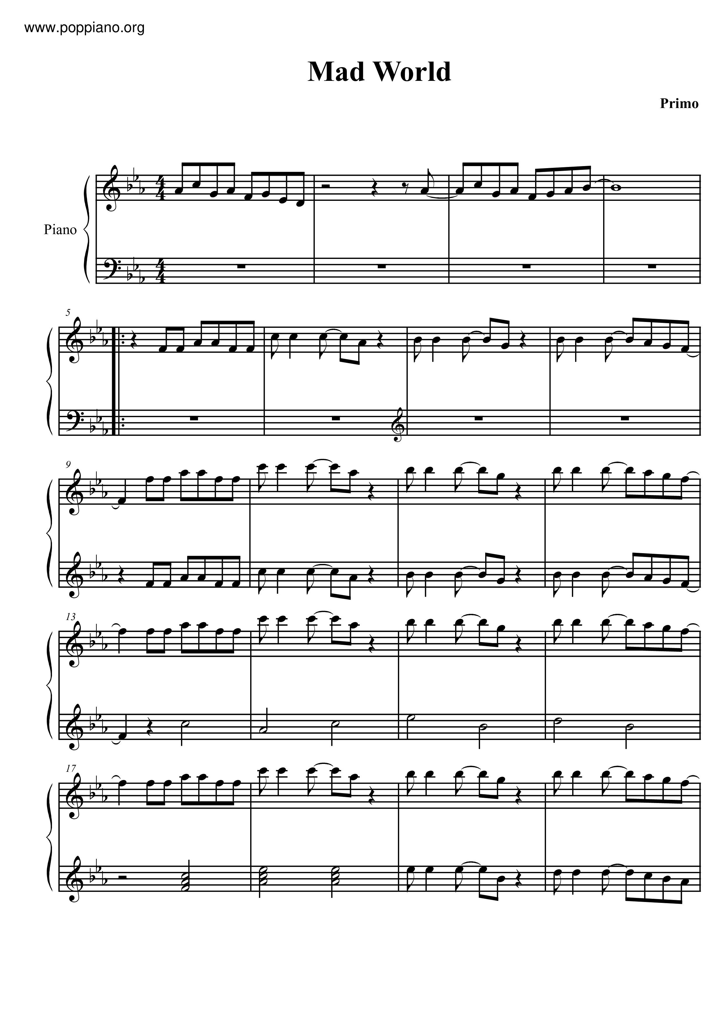 Tears For Fears: Mad World sheet music for piano solo (PDF)