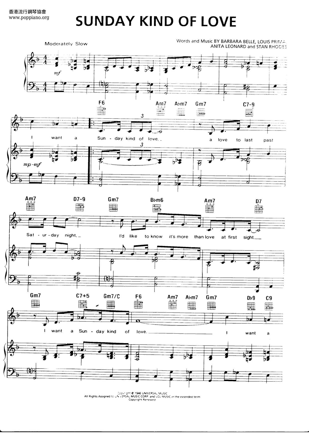 A Sunday Kind Of Love Score