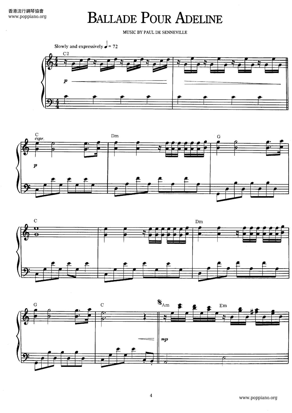 Ballade Pour Adeline 水邊的阿第麗娜 Score