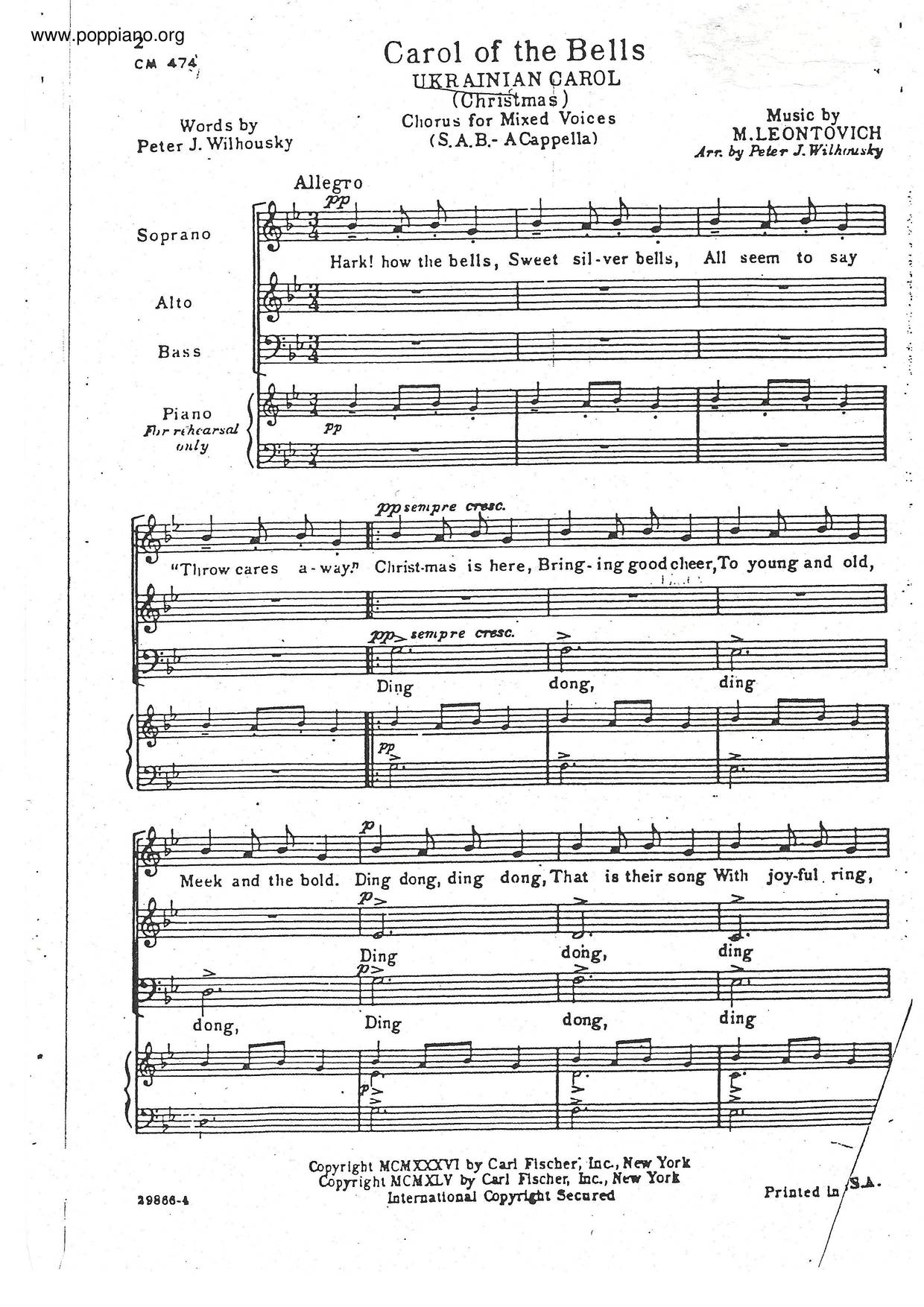 Carol Of The Bells Score