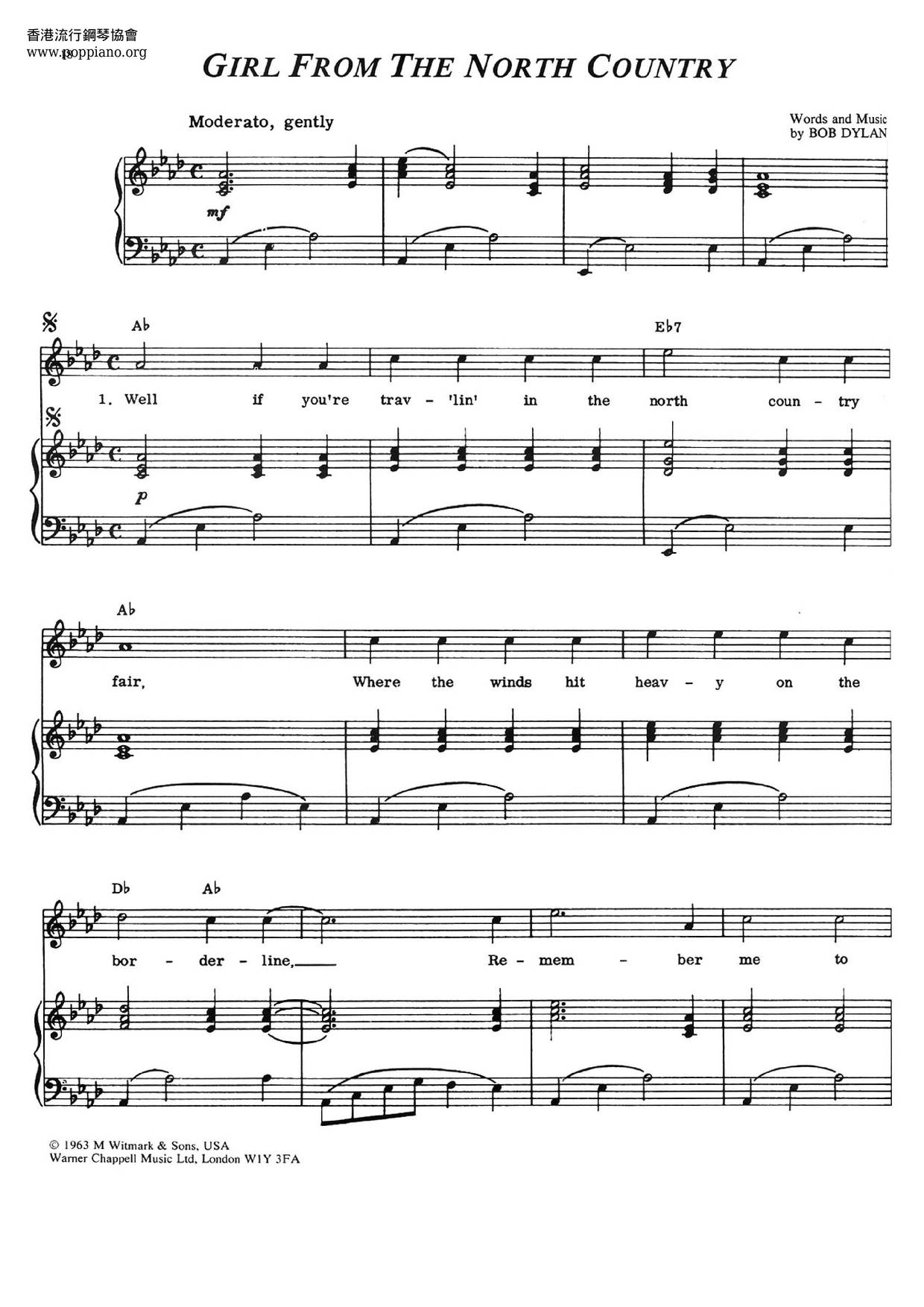 Joe CockerGirl From The North Country Sheet Music pdf, Free Score