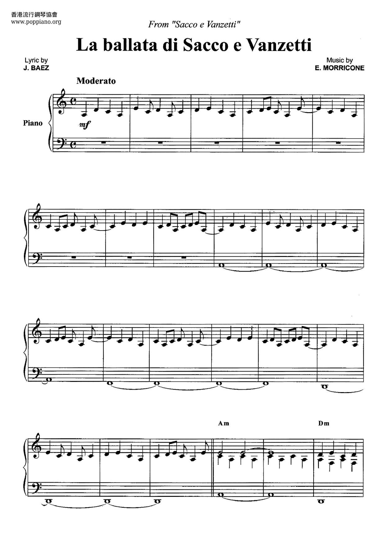Sacco E Vanzetti - La Ballata Di Sacco E Vanzetti琴譜