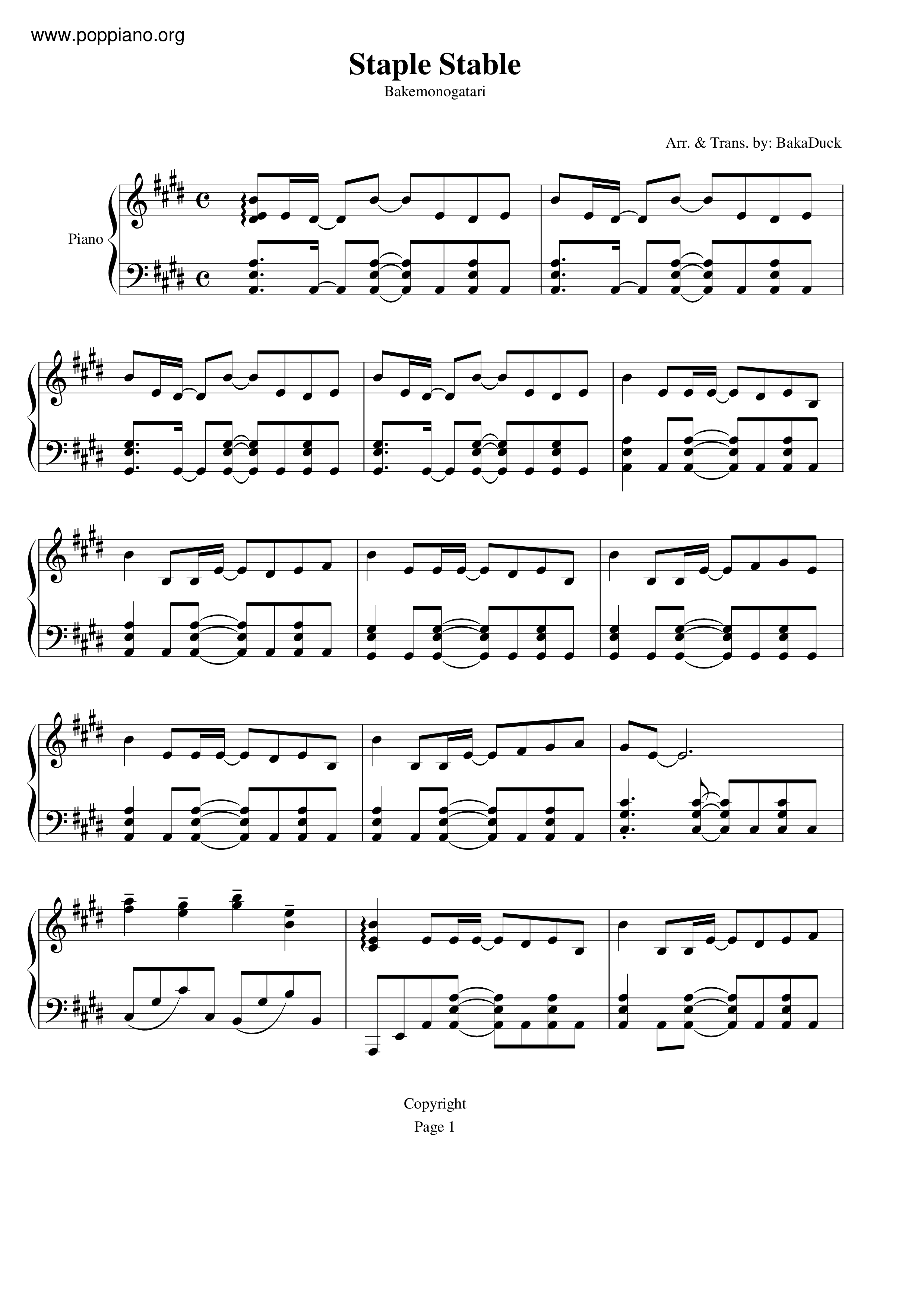 BakemonogatariStaple Stable Sheet Music pdf, Free Score Download ★