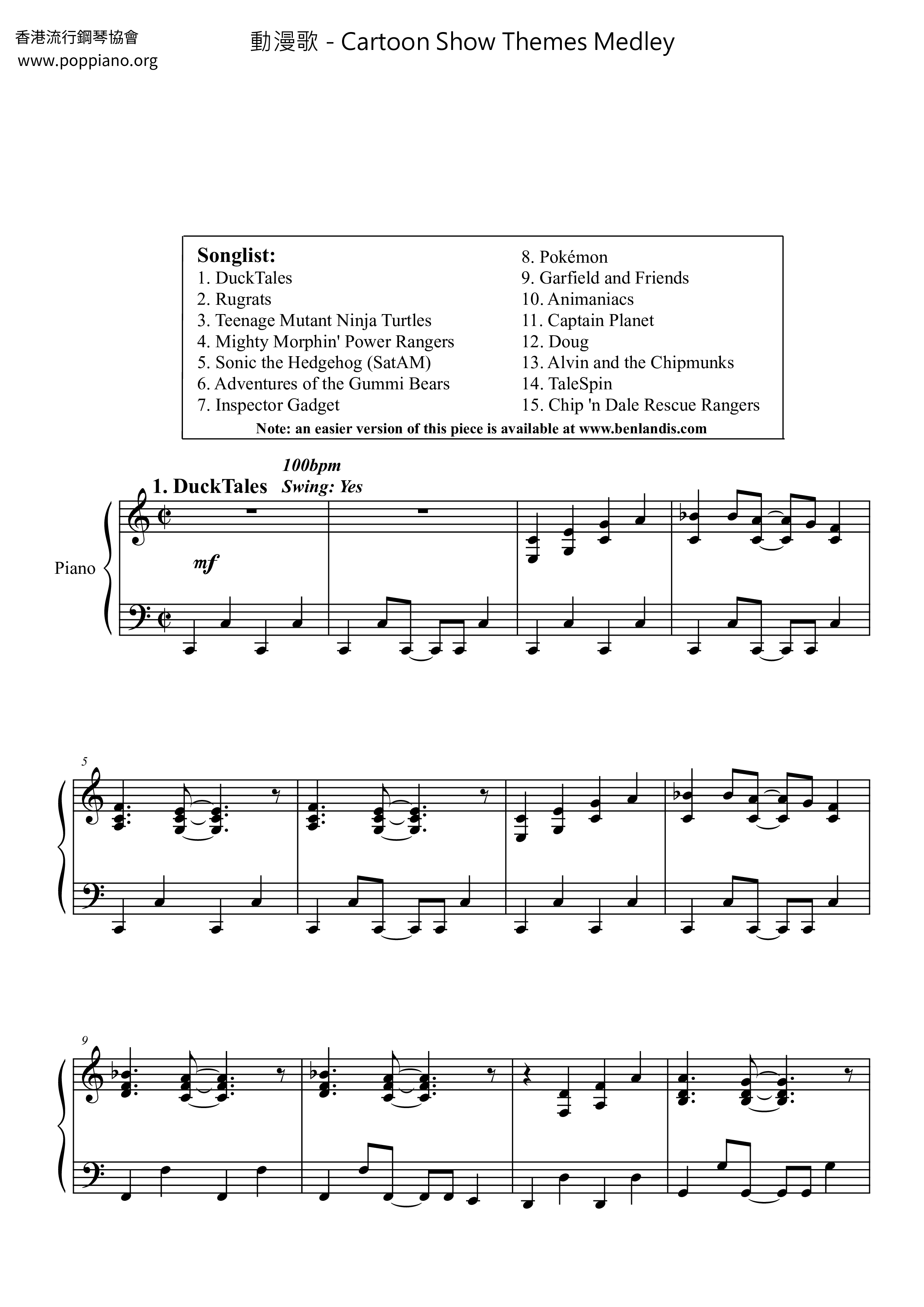 Cartoon Show Themes Medley Score