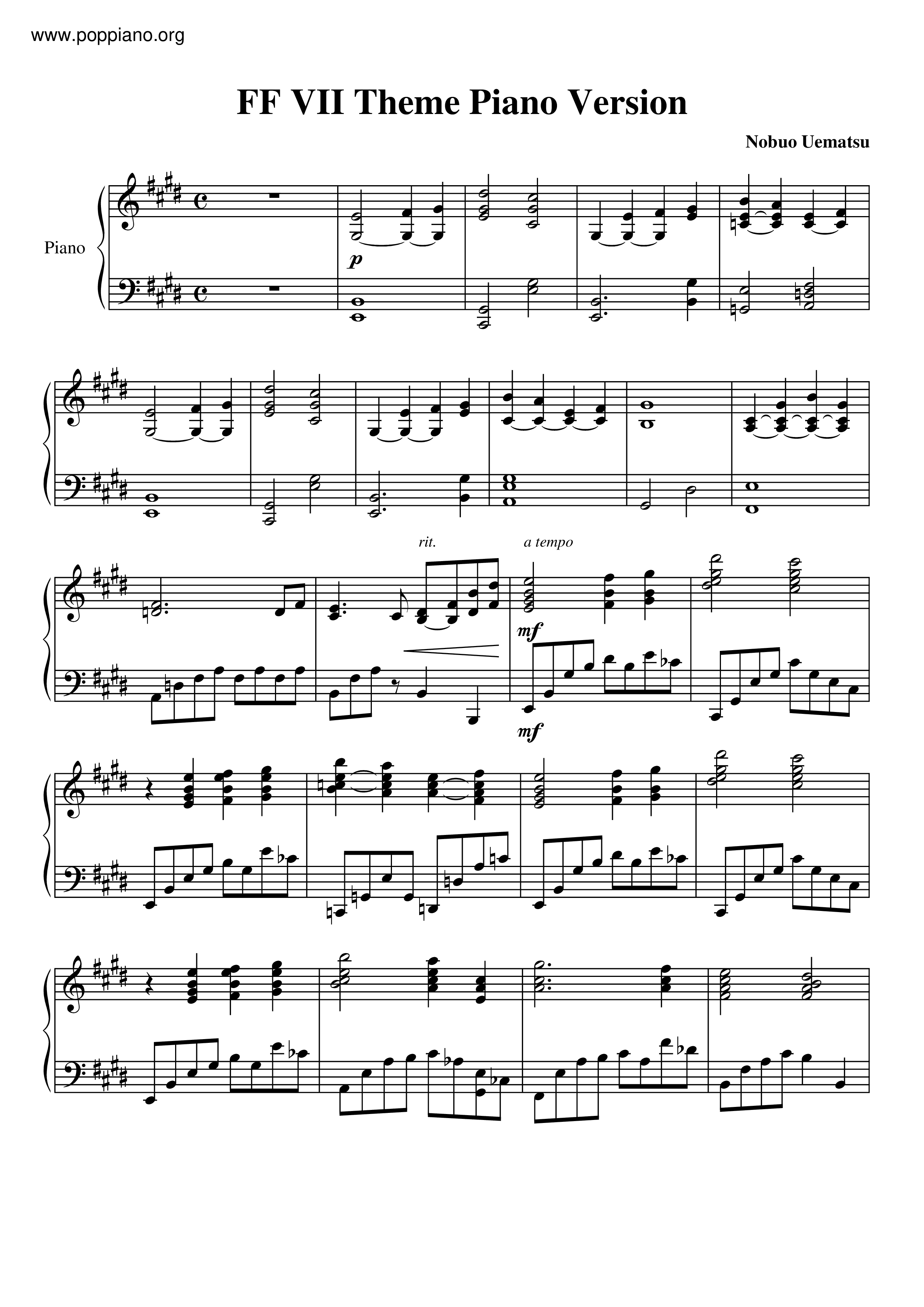 Final Fantasy Vii Theme Piano Version Score