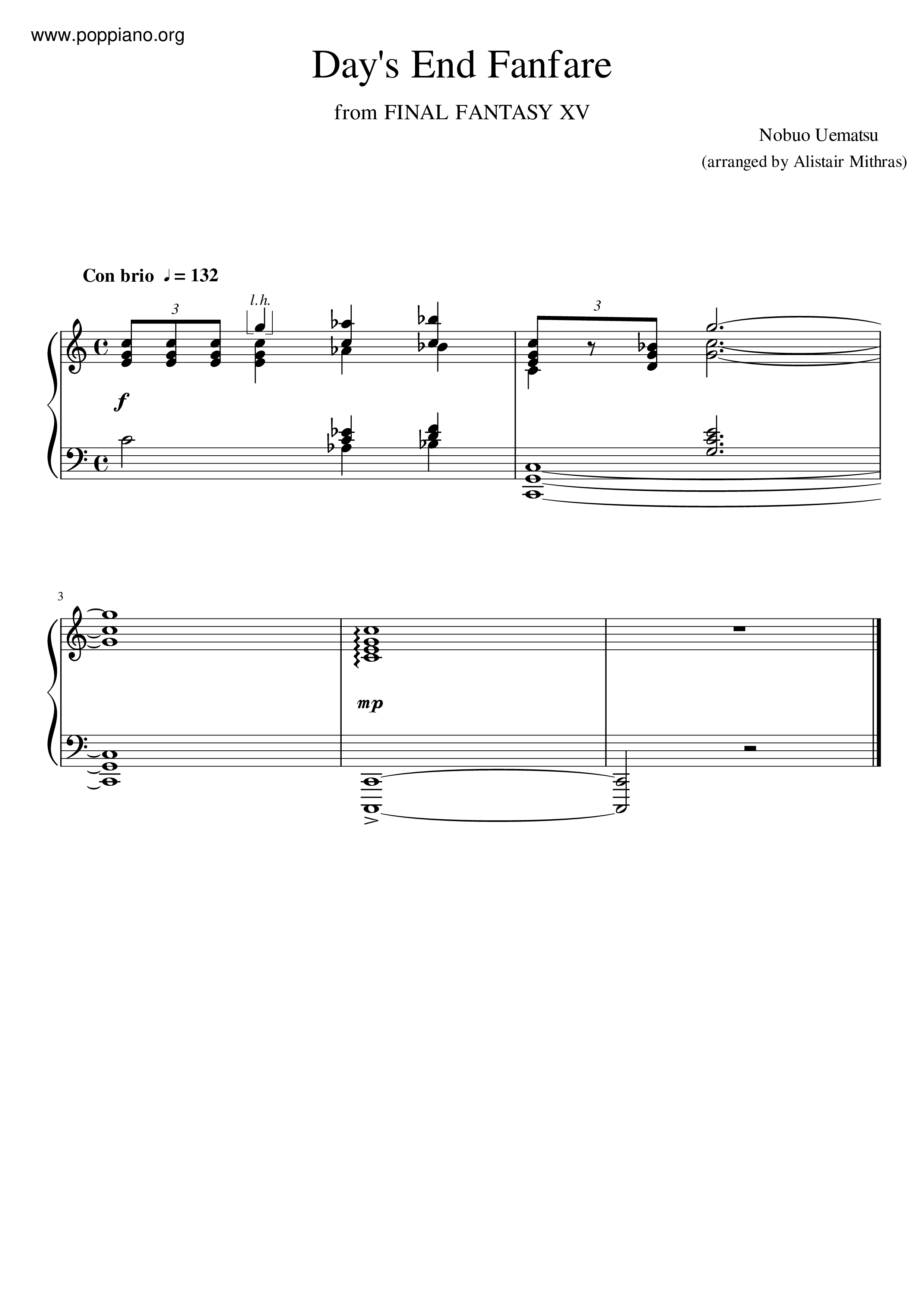 ☆ファイナルファンタジーXV - Day's End Fanfare ピアノ譜pdf