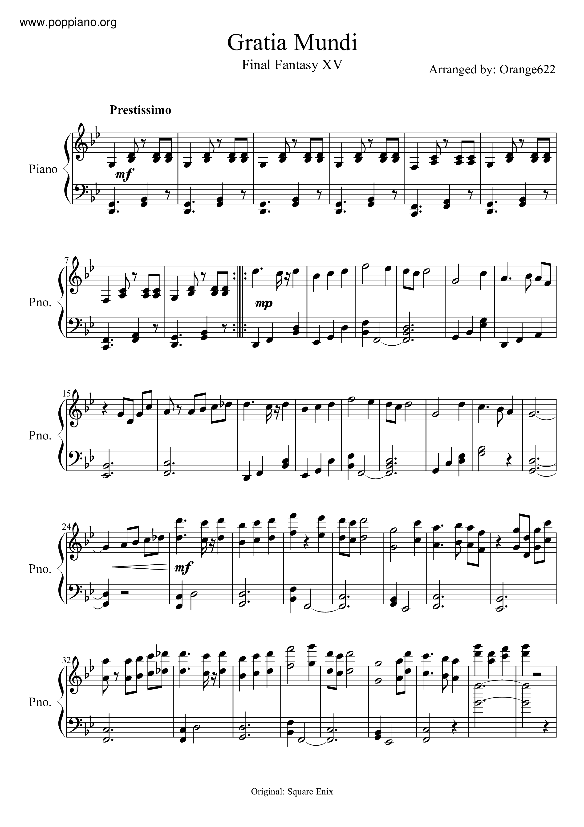 ☆ファイナルファンタジーXV - Gratia Mundi ピアノ譜pdf- 香港