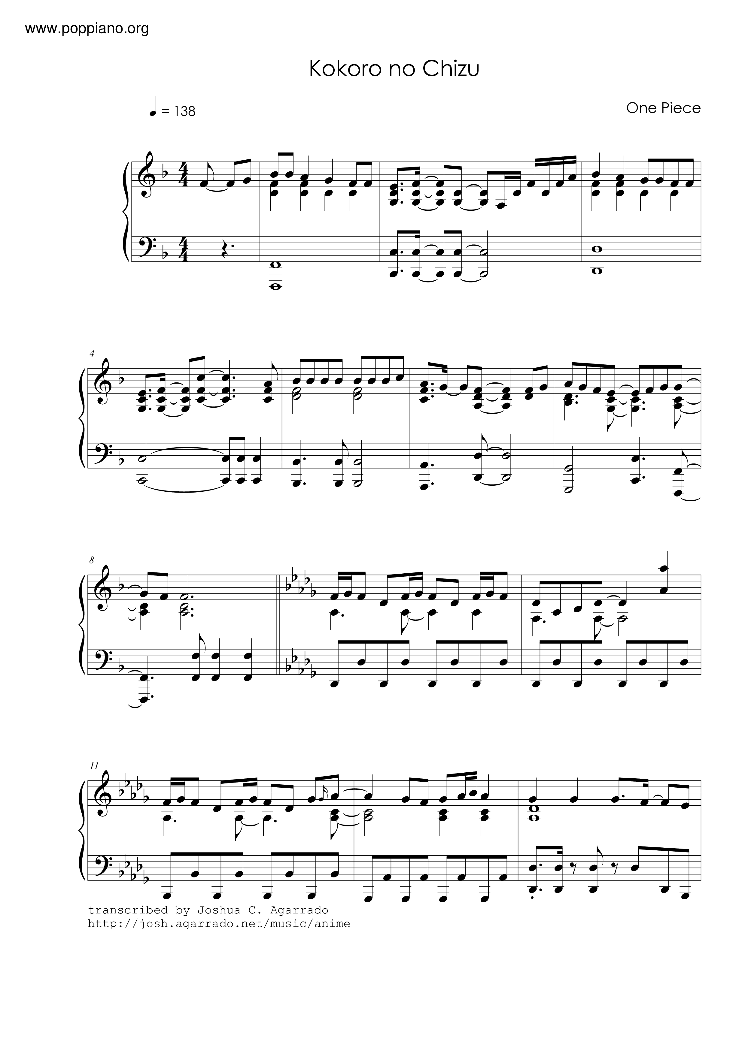 ☆ One Piece-海賊王 - Kokoro No Chizu Sheet Music pdf, - Free Score Download ☆