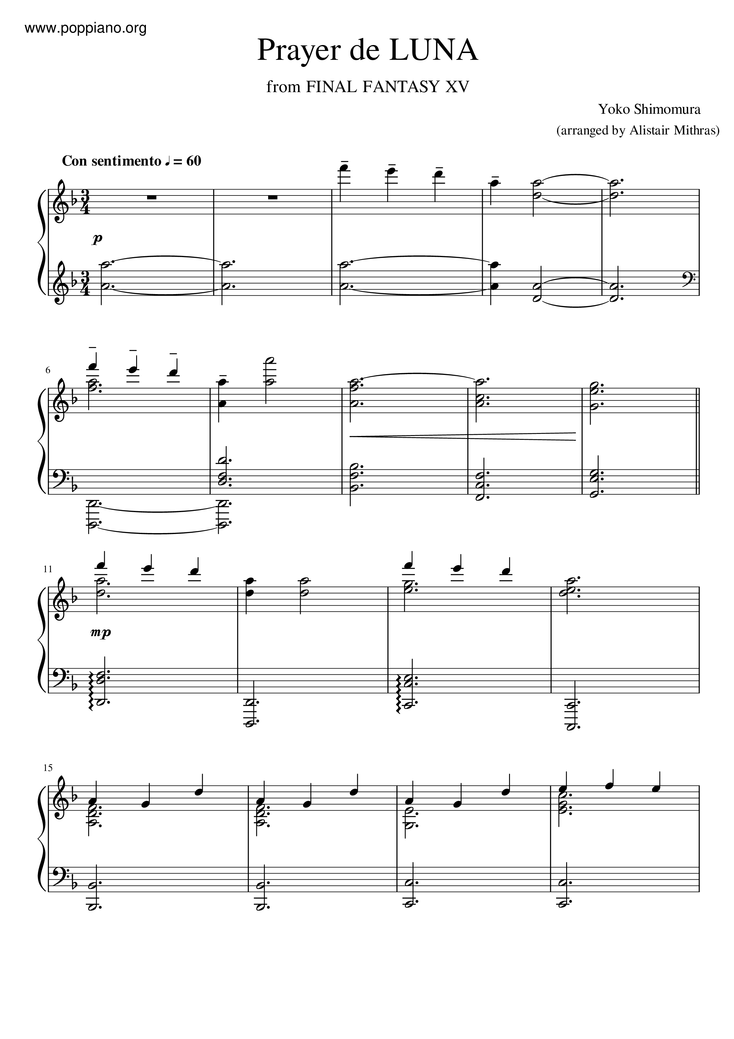 ☆ファイナルファンタジーXV - Prayer De Luna ピアノ譜pdf