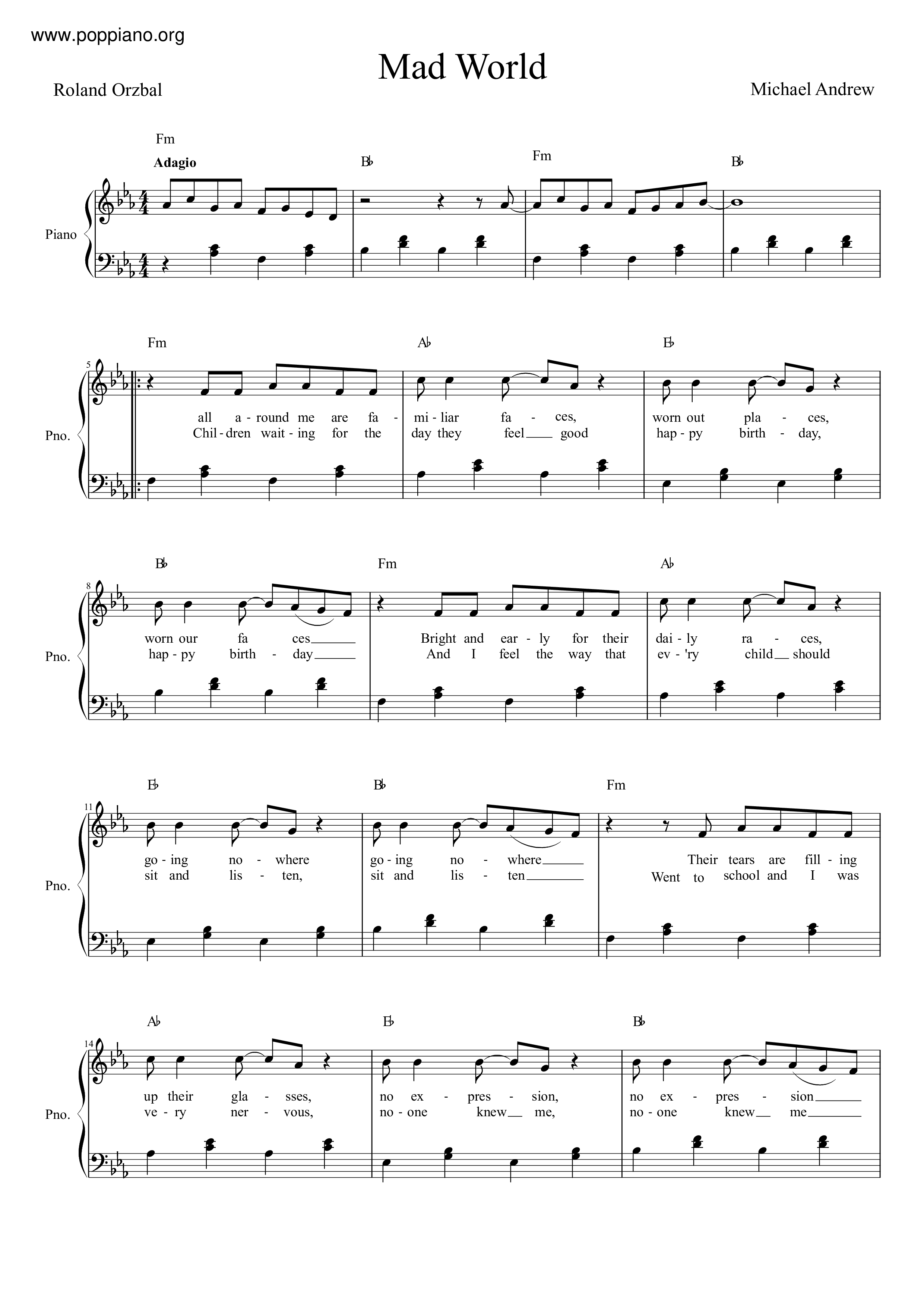 Tears For Fears: Mad World sheet music for piano solo (PDF)