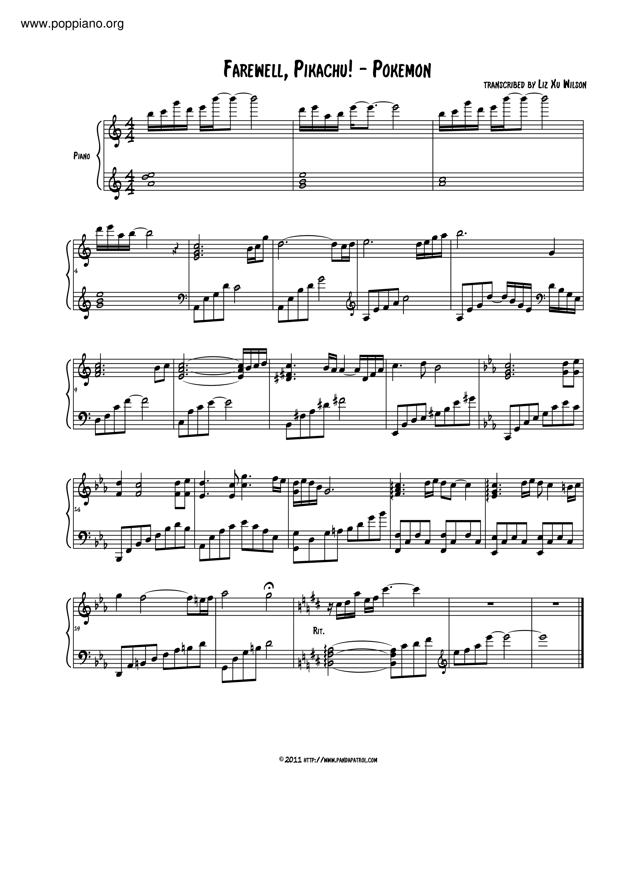 Pokémon-Farewell, Pikachu! Sheet Music pdf, - Free Score Download ★