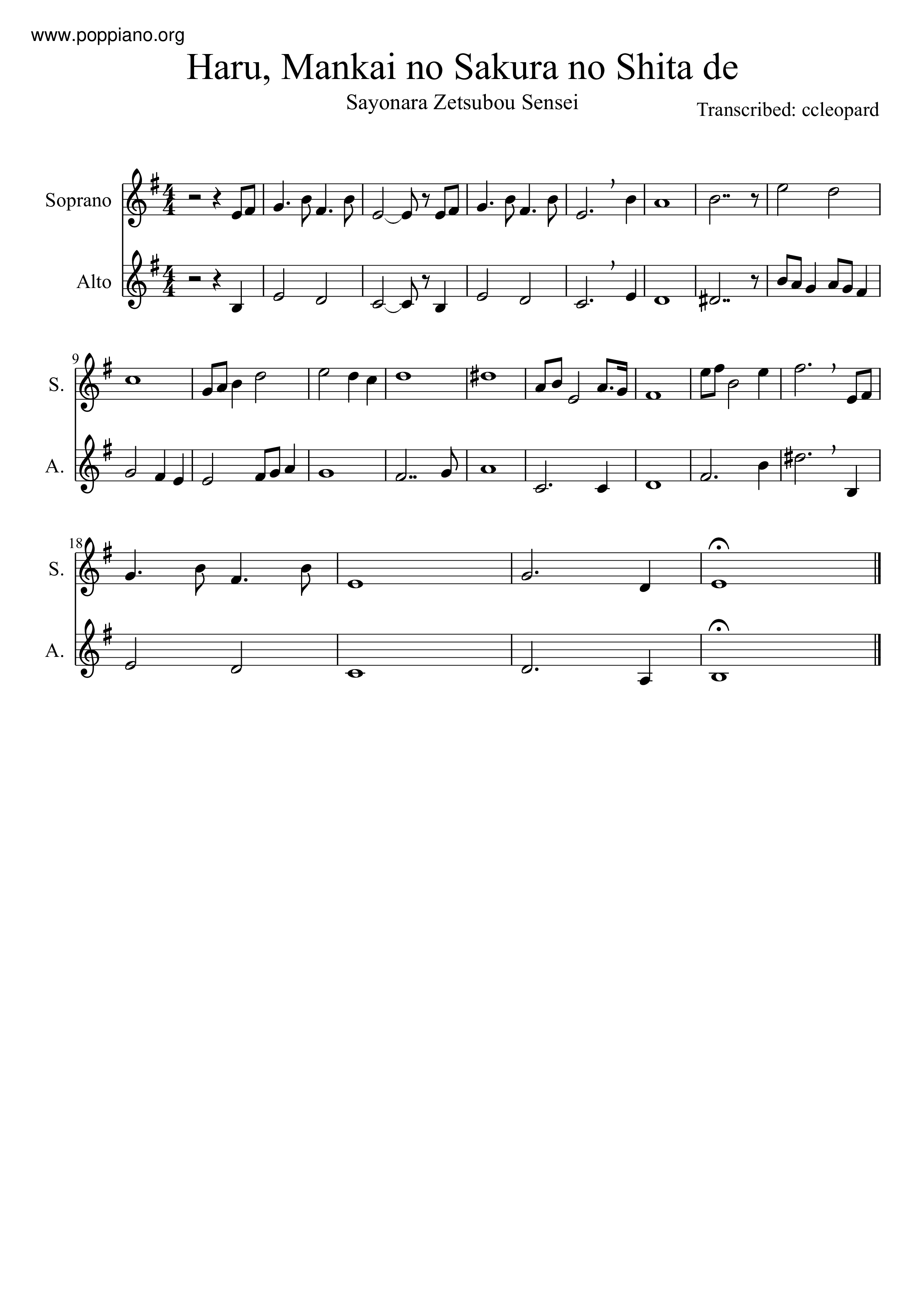 Haru, Mankai No Sakura No Shita De Score