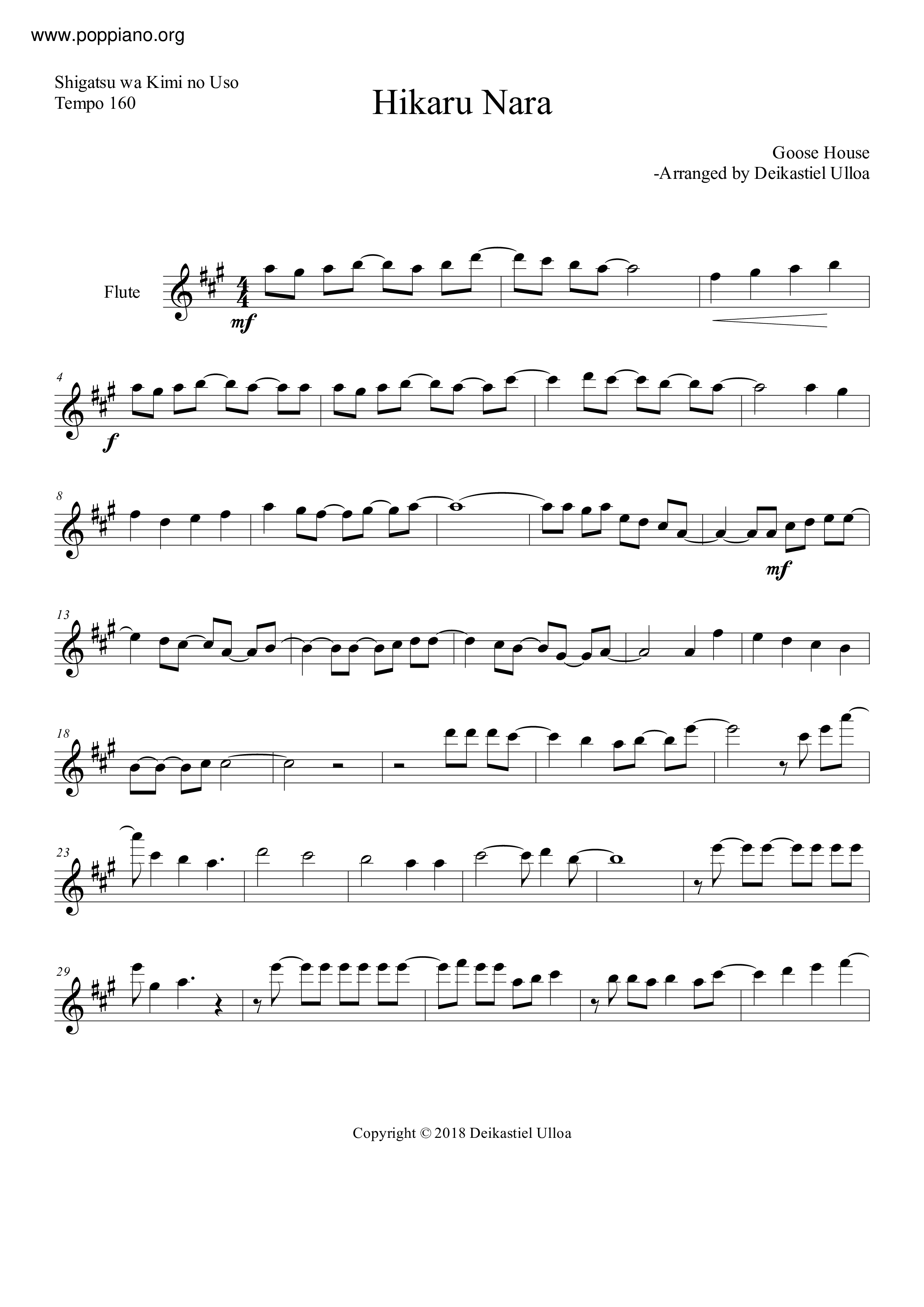 Hikaru Nara Sheet Music Shigatsu wa Kimi no Uso - ♪ SHEETMUSIC