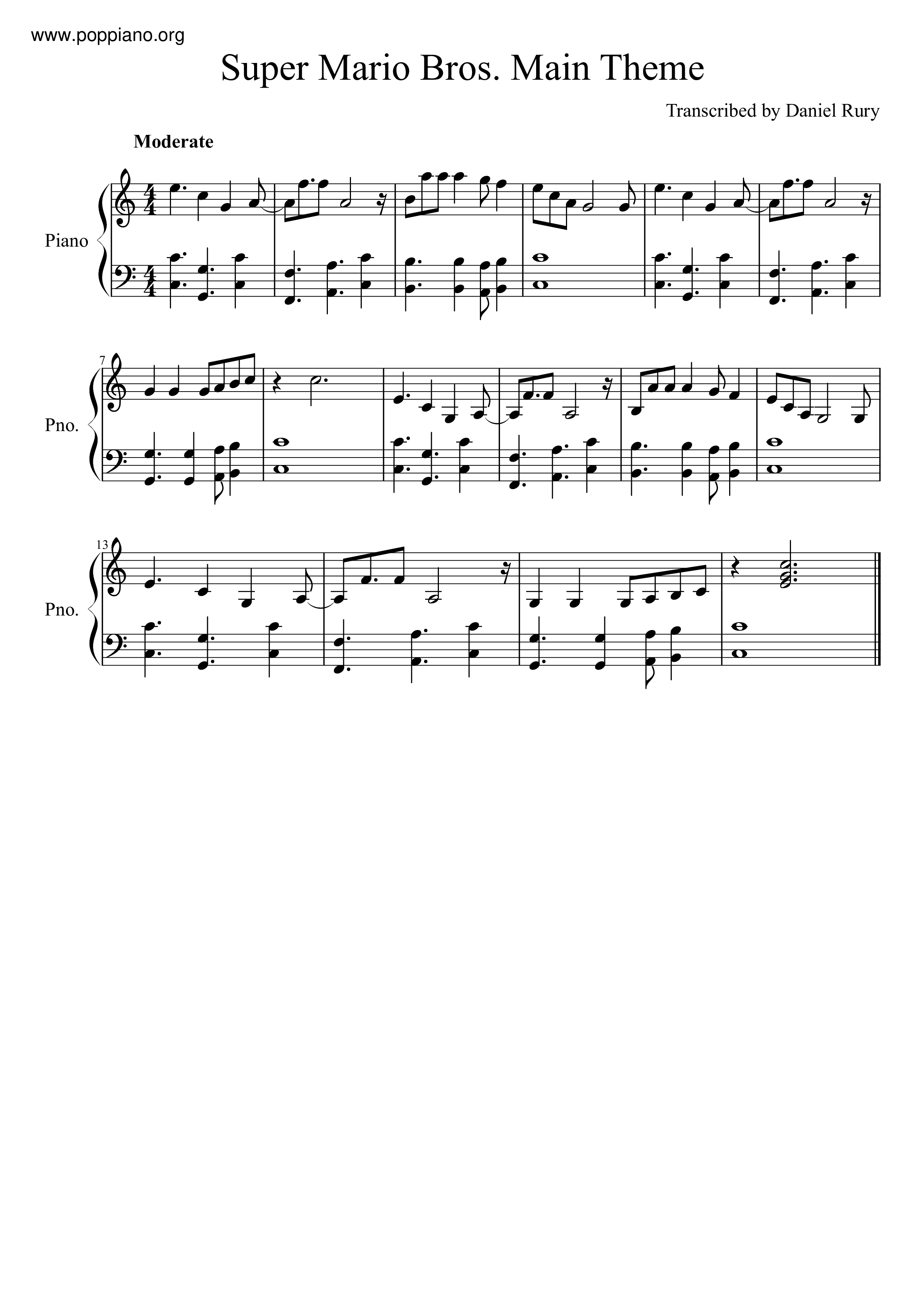 Super Mario Bros - Main Theme With Left Hand Chords Score