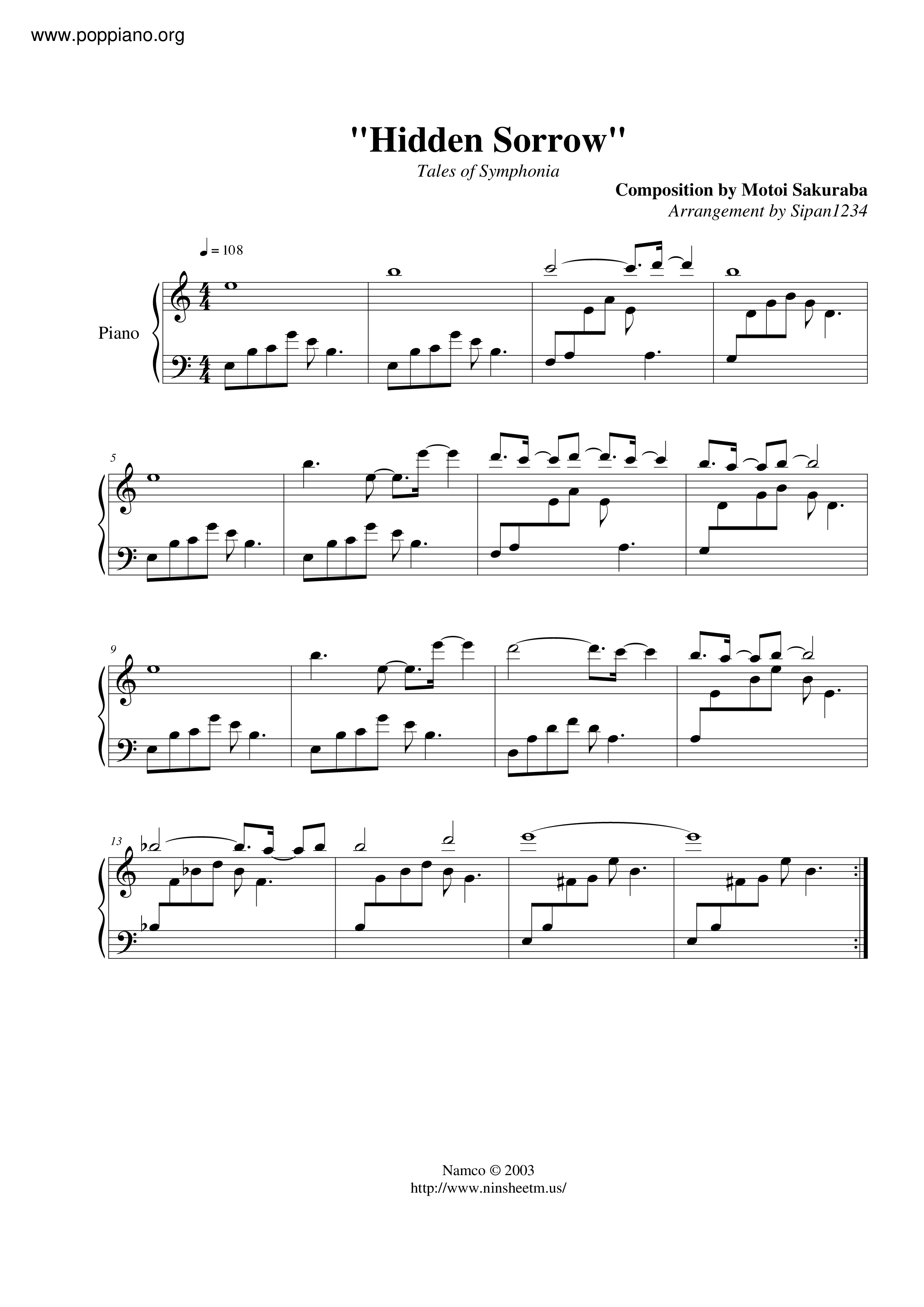 ☆テイルズ オブ シンフォニア - Hidden Sorrow ピアノ譜pdf ☆テイルズ オブ シンフォニア - Hidden Sorrow ピアノ譜pdf