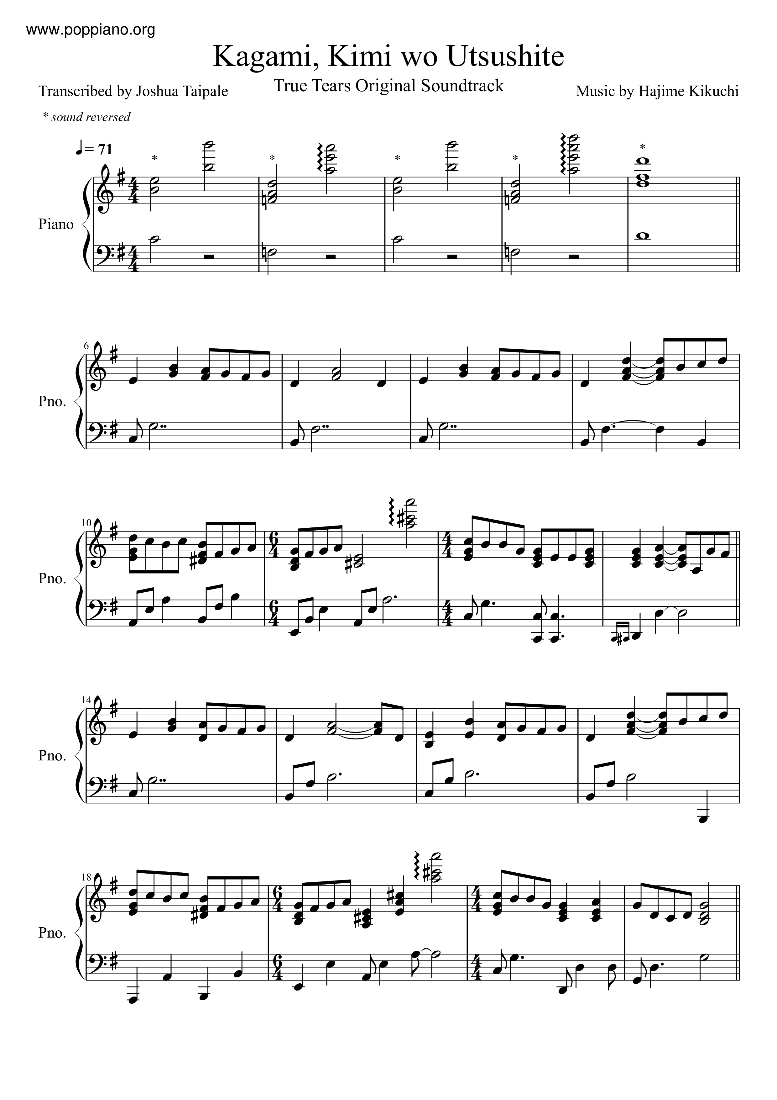 Kagami, Kimi Wo Utsushite Score