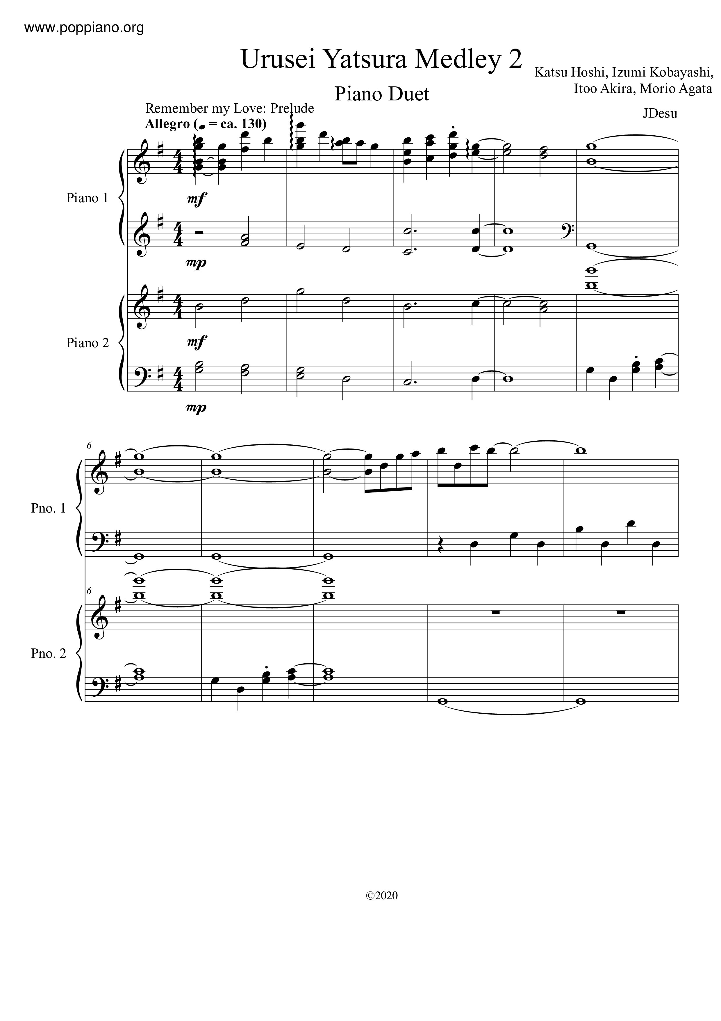 ☆うる星やつら - Urusei Yatsura Piano Medley 2 ピアノ譜pdf ☆うる星やつら - Urusei Yatsura Piano Medley 2 ピアノ譜pdf
