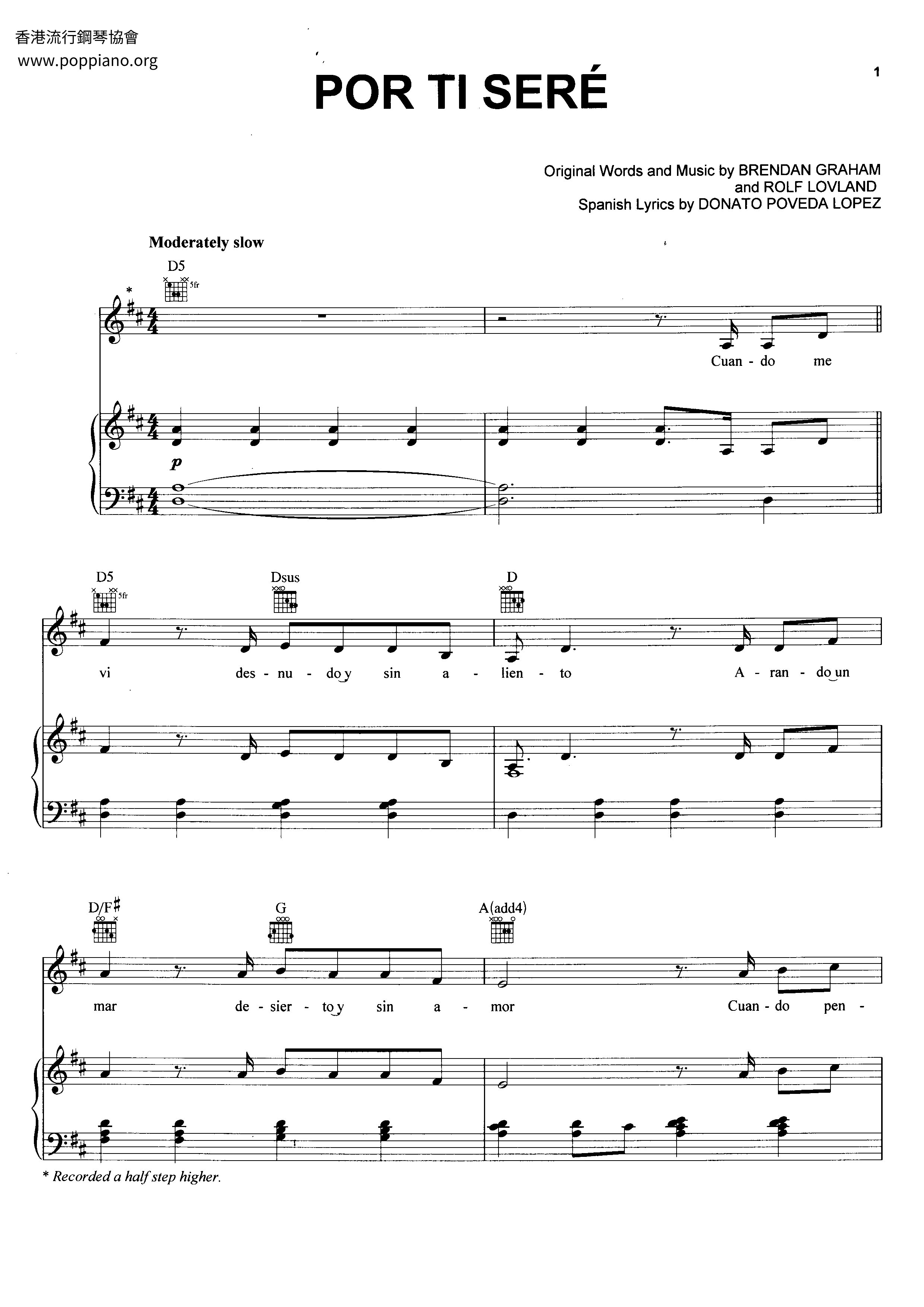 Por Ti Sere (You Raise Me Up) Score