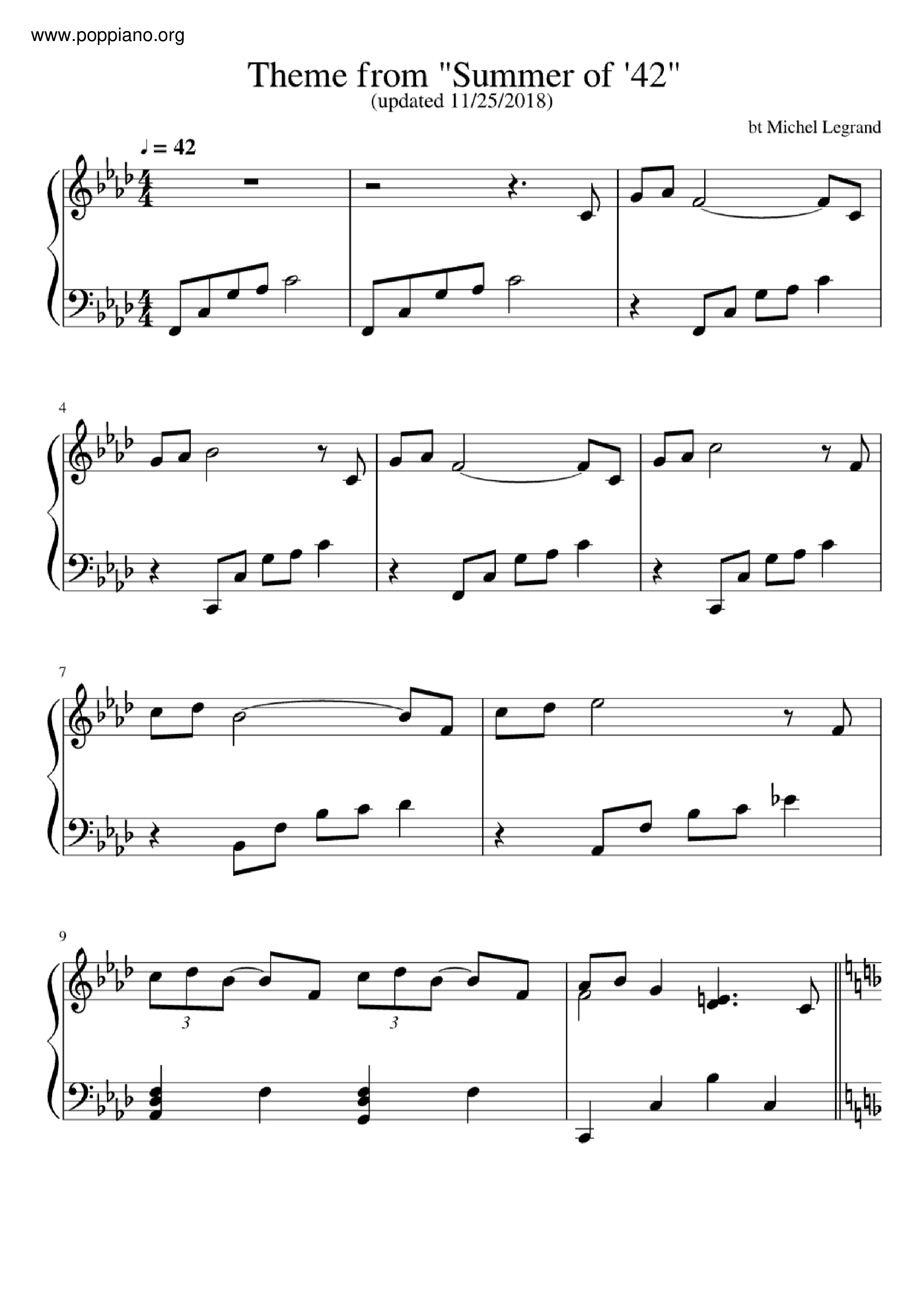 Summer Of '42 Score