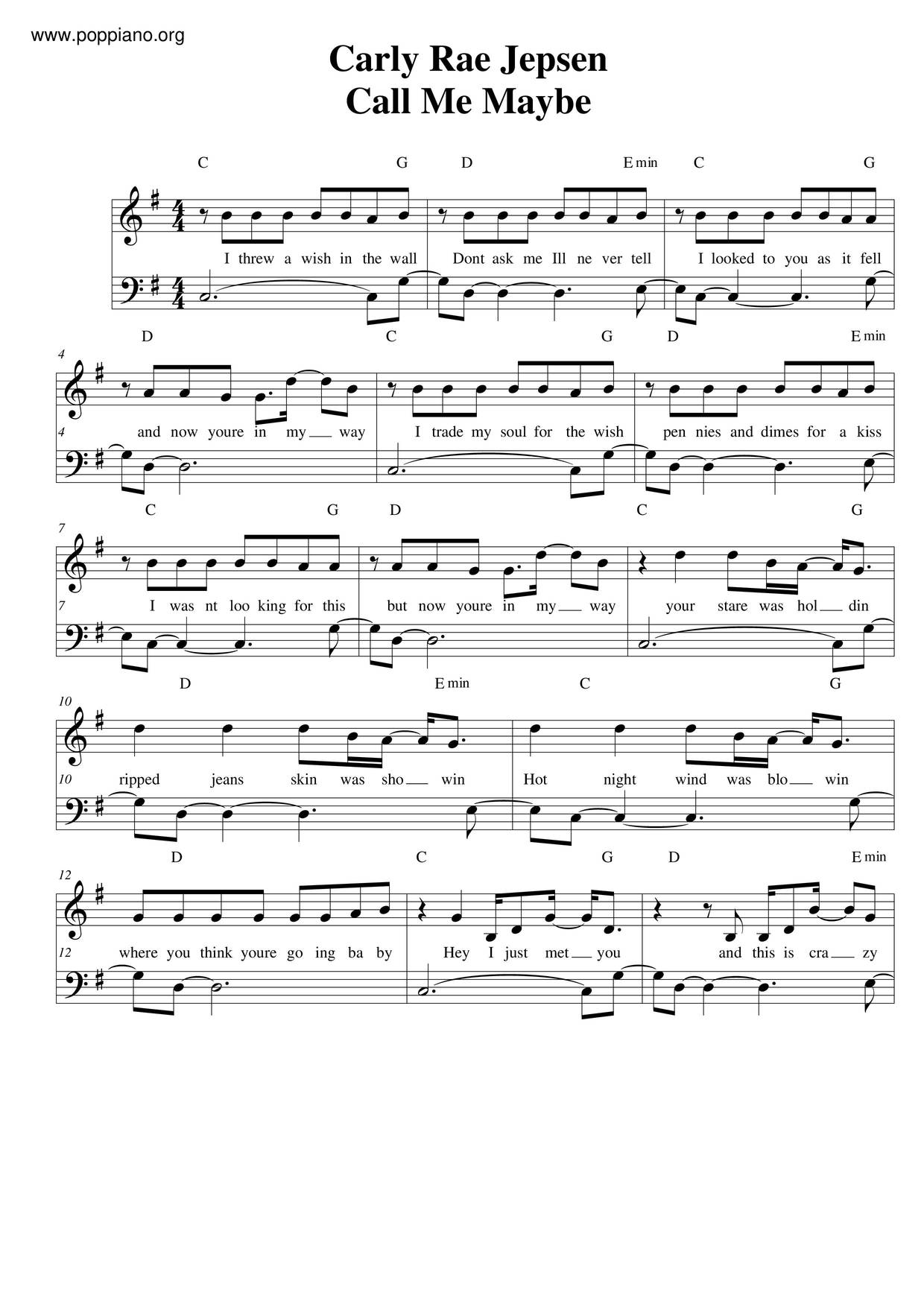 Carly Rae Jaspen Call Me Maybe Sheet Music Pdf Free Score Download ★