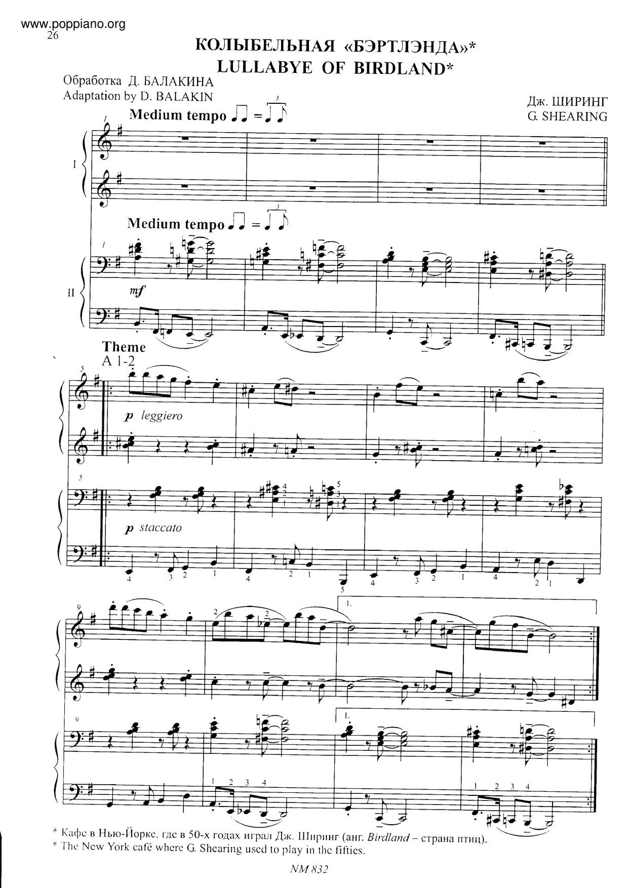 Lullaby Of Birdland Score